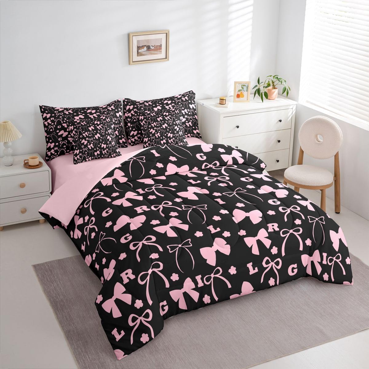 Feelyou Bow Comforter Set Twin Size 7 Pieces Balck Pink Bedding Set Floral Bed in a Bag with Comforter, Sheets, Pillowcases, Cushion Covers Cute Bowknot Bedroom Decor Personalized Initial Letter