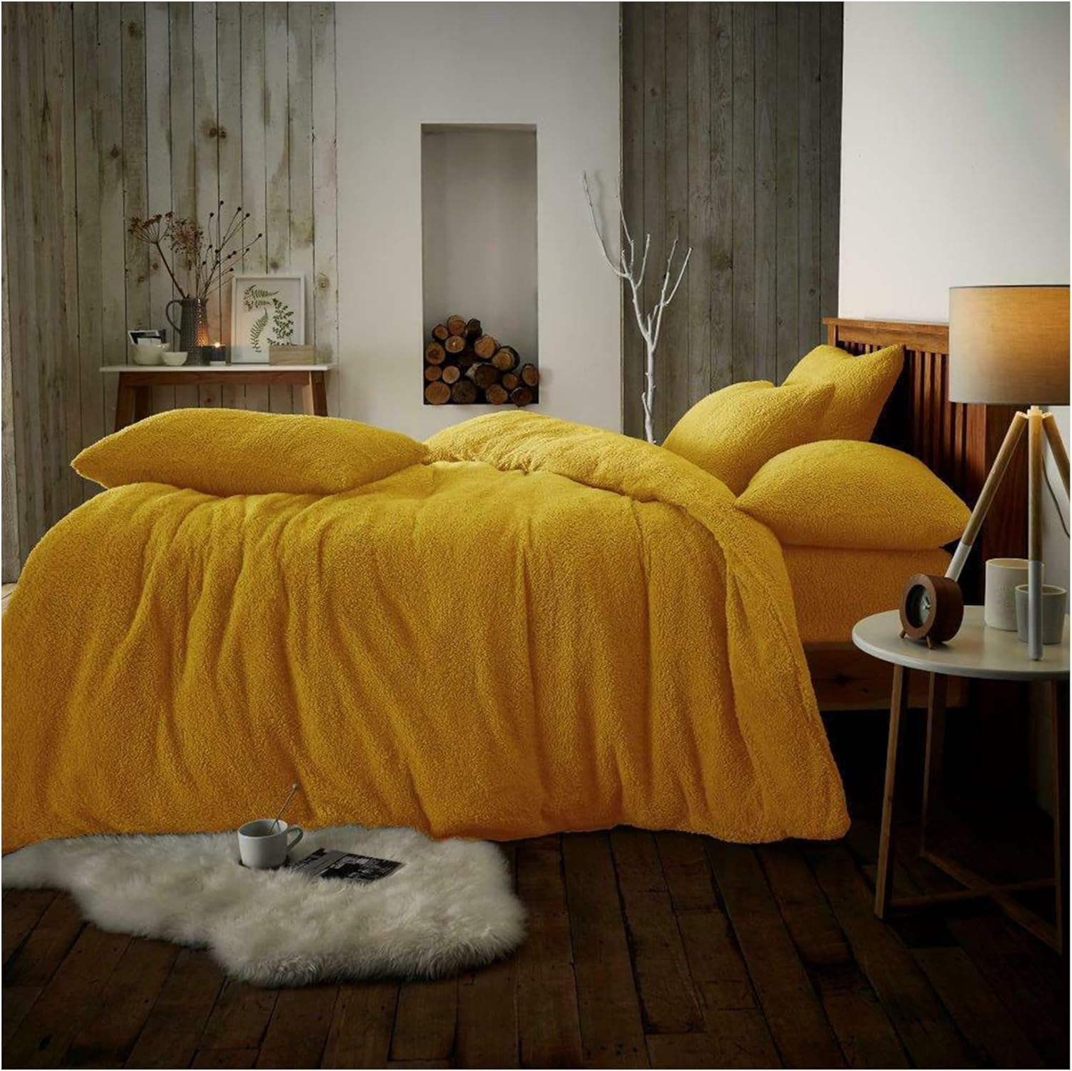 Lions Ochre Teddy Bear Bedding Set - Fluffy Thermal Warm Cosy Teddy Fleece Bedding With Pillowcase, Sherpa Quilt Covers, Double Bed Size, 200X200cm