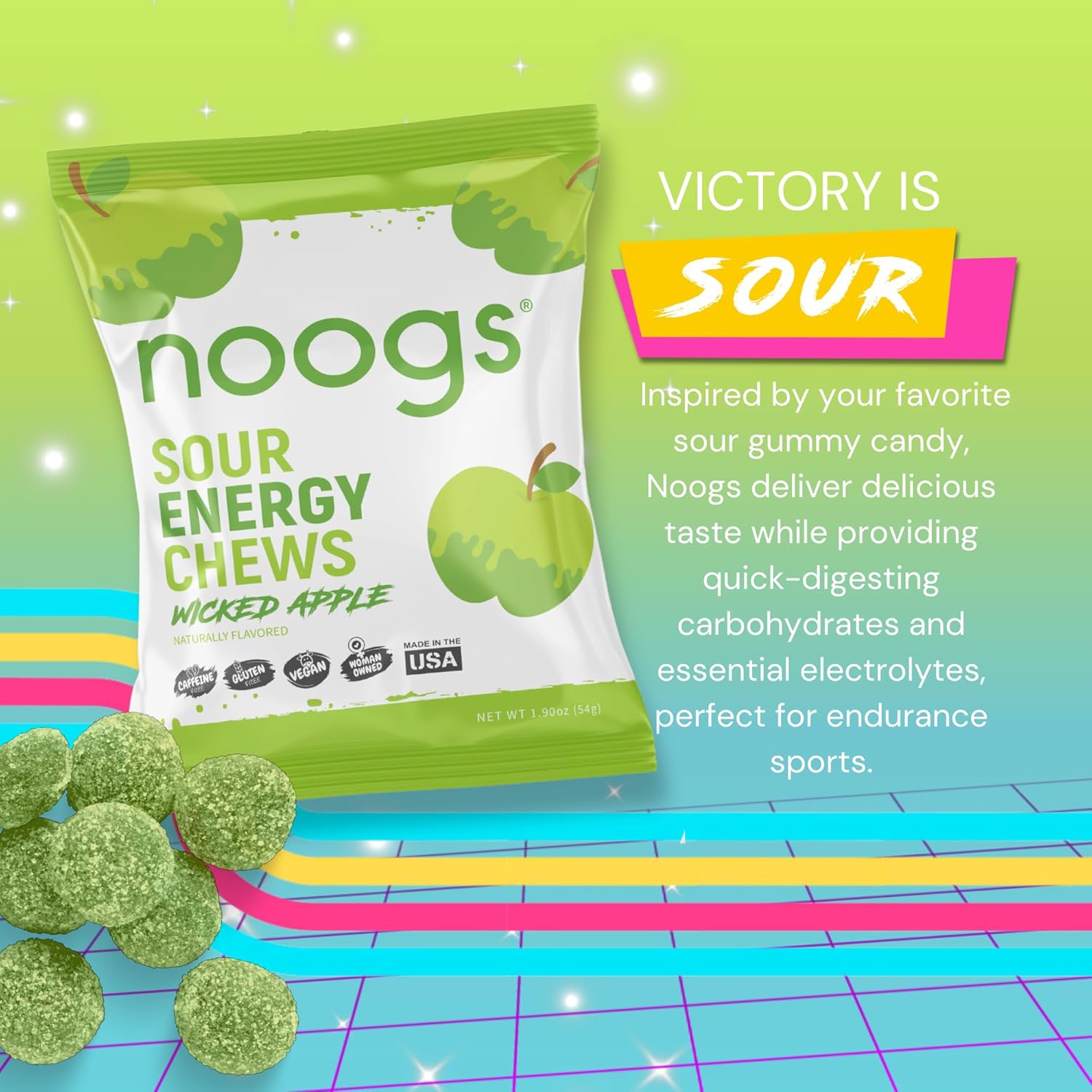 Noogs Wicked Apple + Lemon Zinger Sour Energy Chews Bundle, Electrolyte Energy Gummies, Sour Candy Flavored Alternative to Running Gels, 24 Total Packs