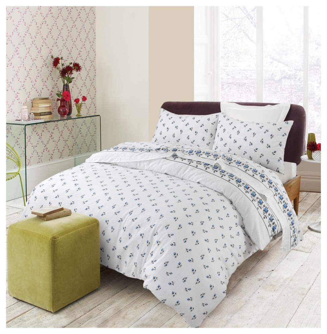 Hendem Blue Hendem® Rosebud Flannelette Duvet Quilt Cover Set Floral Thermal Flannel 100% Brushed Cotton (, Single)