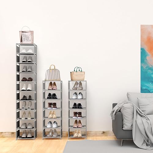 Miniatura 12 de Zapatero alto y estrecho vertical para entrada de puerta delantera, 10 niveles, organizador de zapatos de metal resistente para entrada de armario