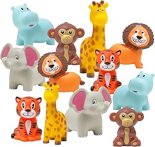 Vinyl Zoo Animal Toys – 12 Pack of Assorted Squeezable Safari Figures for Kids, Jungle Birthday Party Favors, Bath Toys, Educational Stress Relief Gifts, Cake Toppers, Stocking Stuffers