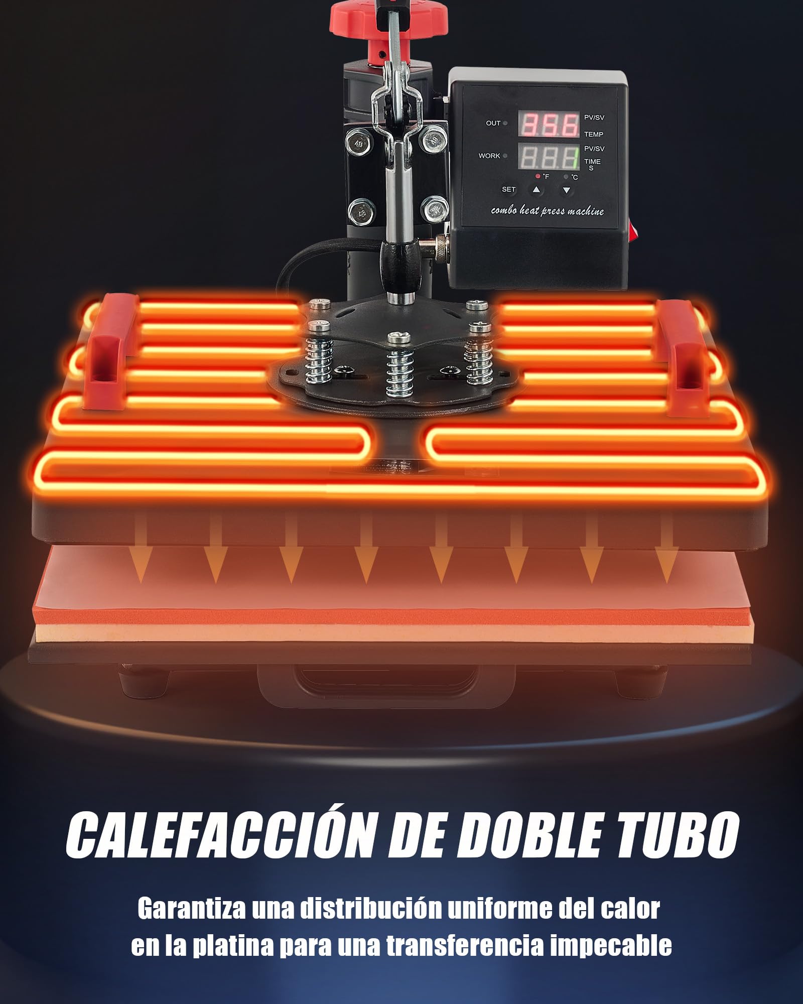 CREWORKS Prensa de Calor 38x38 cm, Maquina de Sublimacion 8 en 1 con Panel de Control Digital, Prensa de Calor Multifuncional con Giro de 360° para Camisetas, Tazas, Gorras, Platos y Más