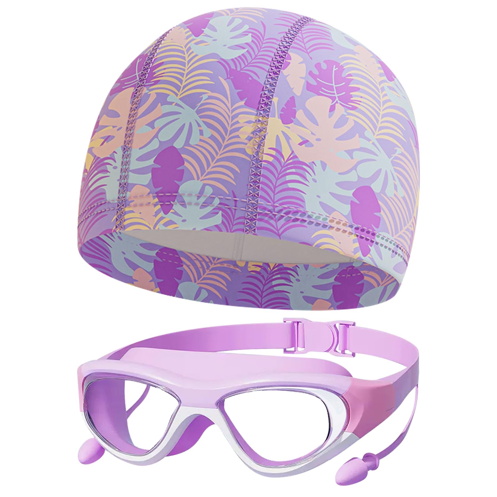 EDLMKM Swimming Goggles Kids 6-14, Kids Swim Goggles with Silicone Swim Cap, UV Protection SWIM GOGGLES, Anti-Fog, Waterproof, with Nose Clip Ear Plugs