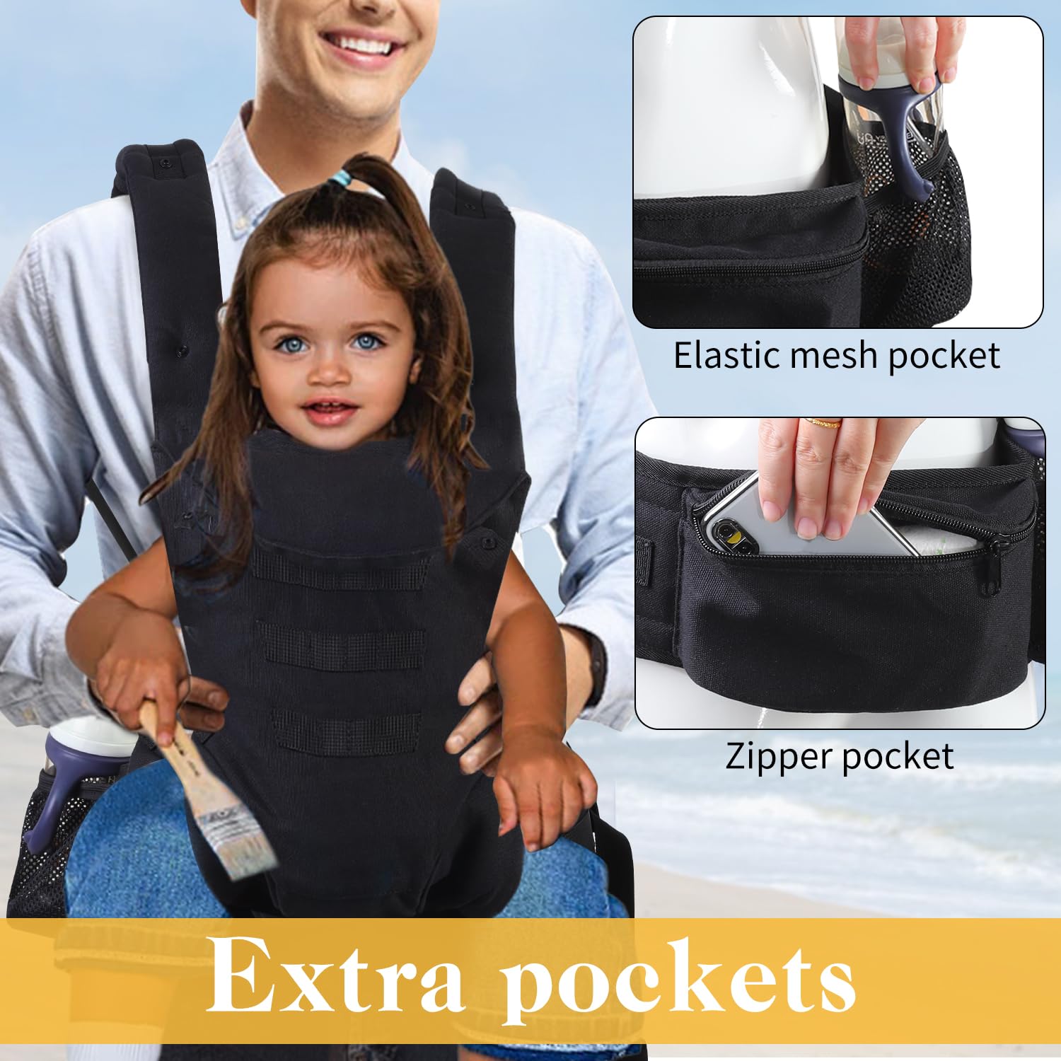 Baby Holder Carrier,Soft Baby Carrier with Multi-Pocket,Front and Back for Toddler Holder,Adjustable Waistband,Shoulder Straps,Suit Walking and Travel(Black)