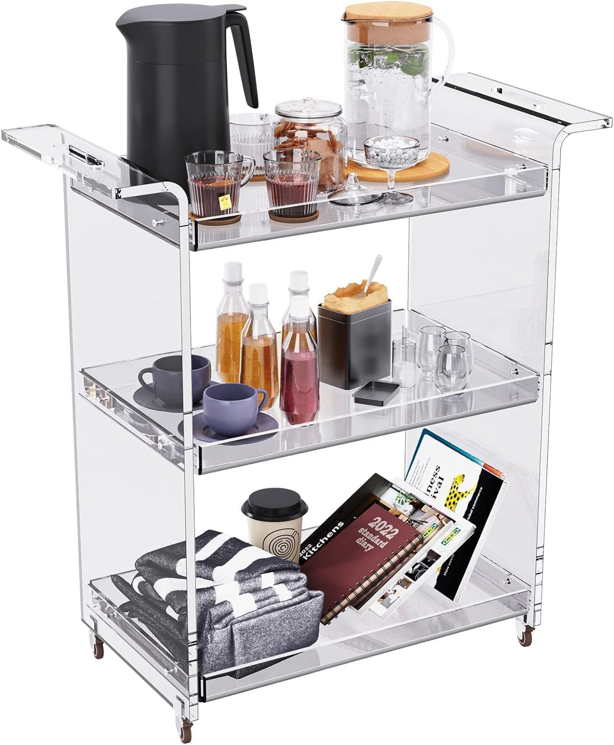 Acrylic Bar Cart, Kitchen Serving Trolley Cart, with Safe Lockable Rotating Wheels
