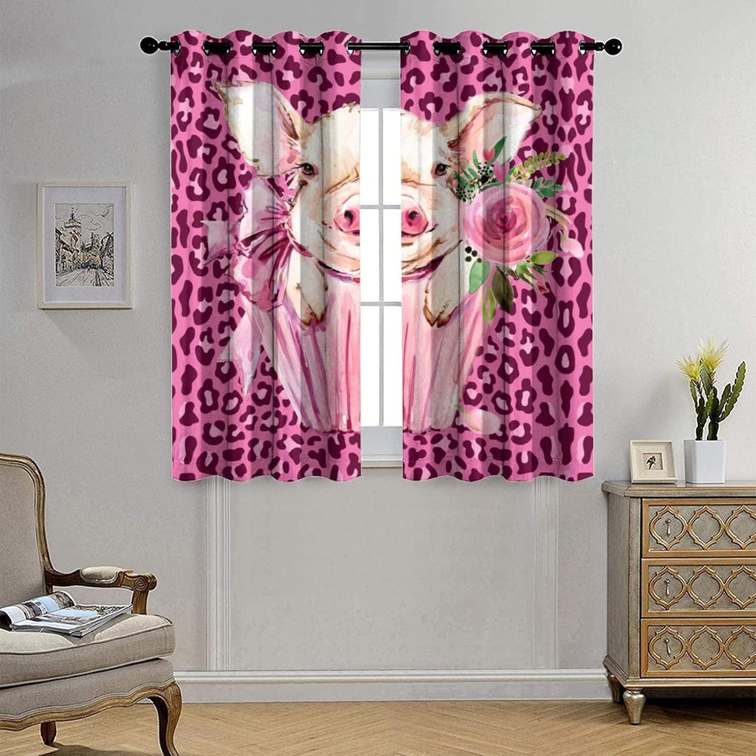 Luxury Cute Pig Pink Ultra Soft Premier Blackout Curtains,Abstract Modern Art Piggy Rose Leopard Print DesignThermal Insulated Bedroom Noise Reducing Patio Door Grommet Top,2 Panels 45L x 21W