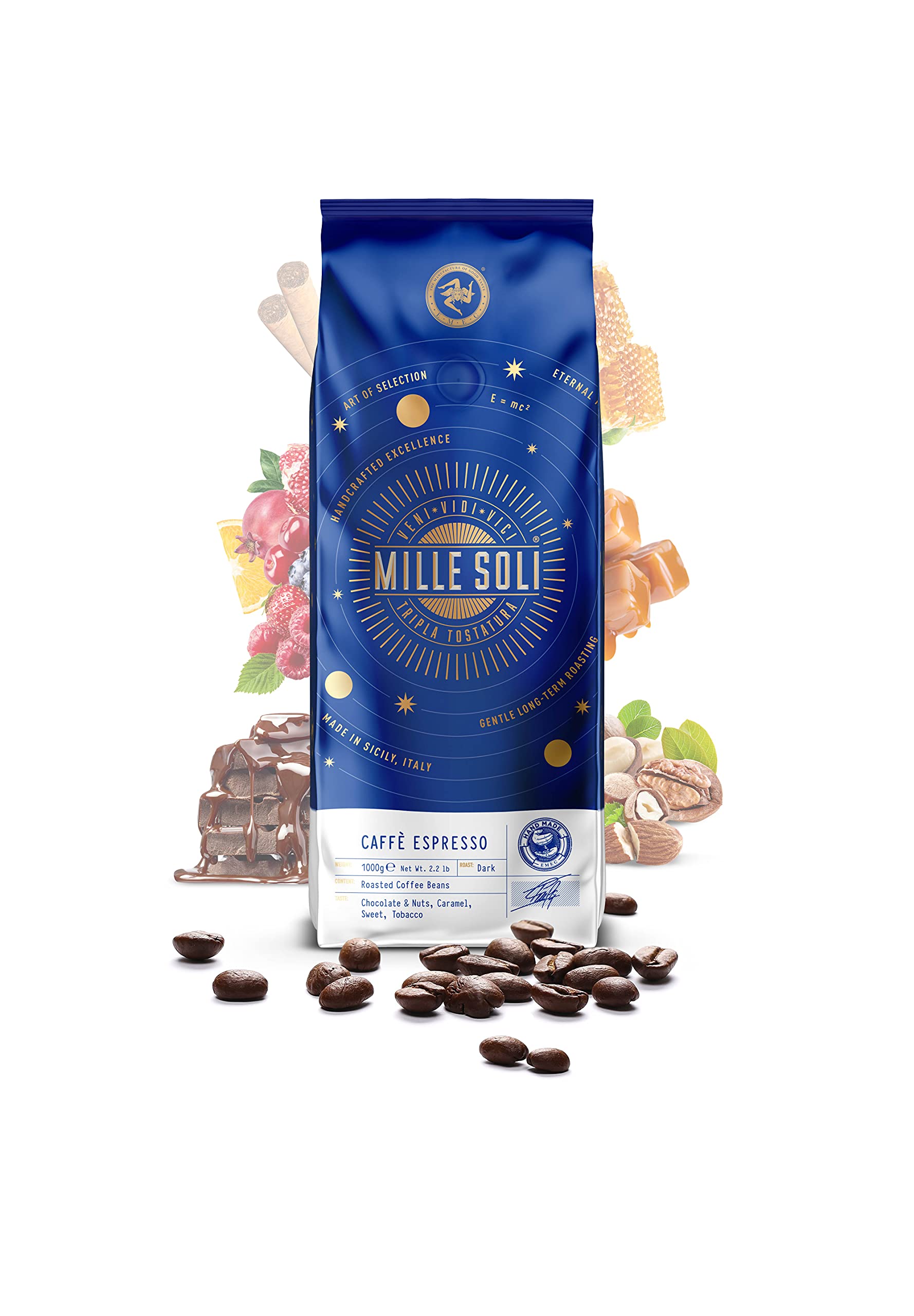 MilleSoli Caffè Espresso – ziarna espresso 1 kg – tradycyjne potrójne palenie ręczne – ziarna kawy premium z perfekcyjnym kremem i wyjątkowo niską kwasowością do w pełni automat i sitko