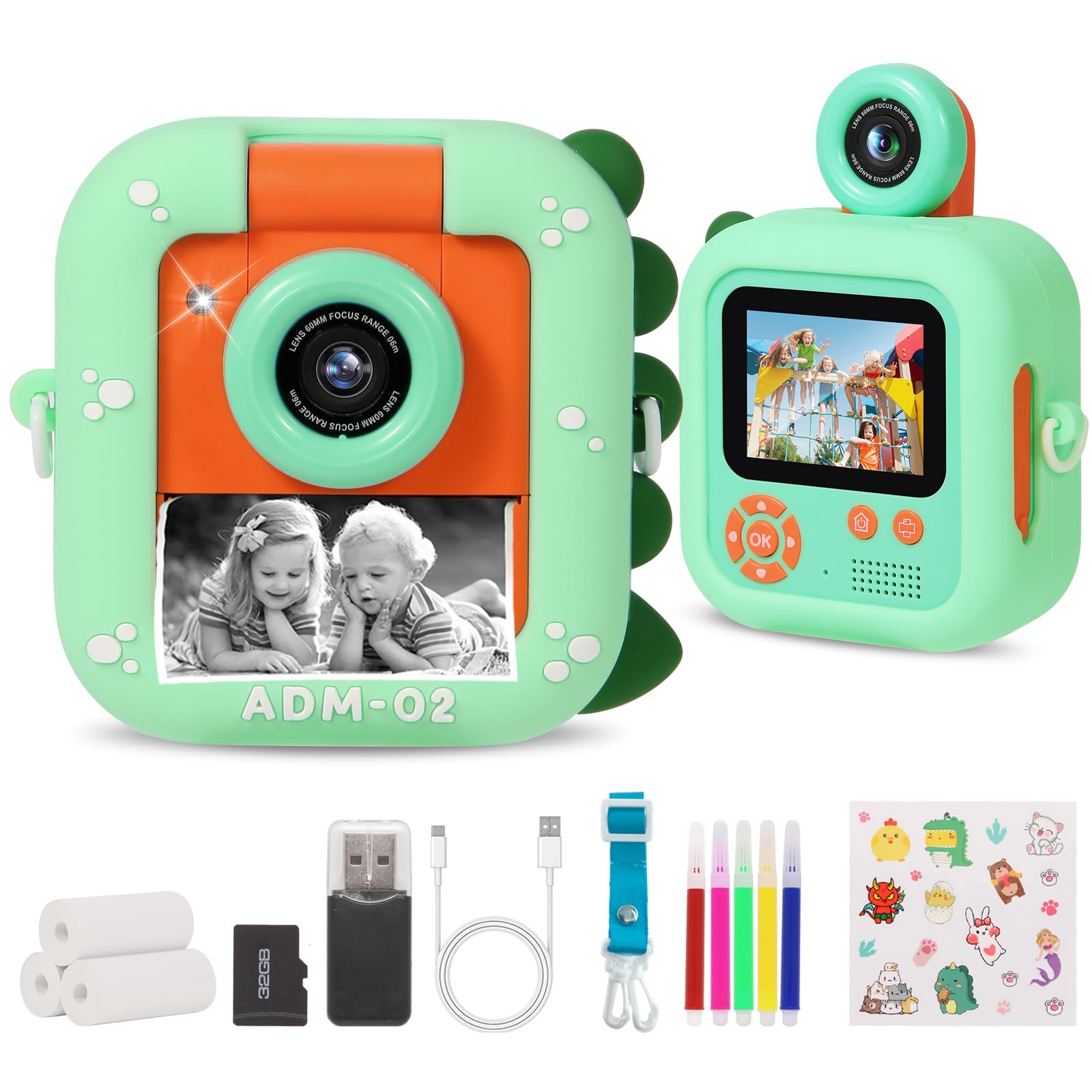 Macchina Fotografica Bambini Istantanea, ZUEOKAI 2,4" Fotocamera Istantanea Bambini con 180° Flip Obiettivo e 3 Stampa Carta, 32GB, Fotocamera con Silicone Custodia, Regalo Bambina Bambino 3-10