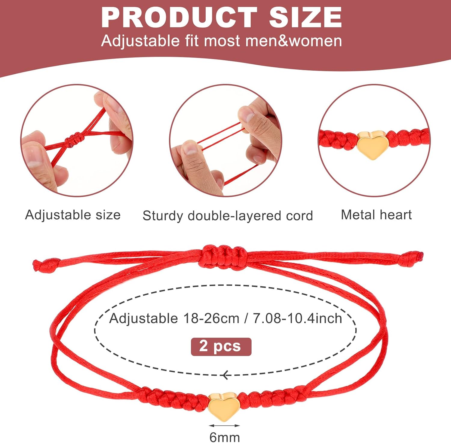 Yolev 2 Pcs Red String Bracelet - Adjustable Heart Red String Bracelet Protection - Friendship and Couple Bracelets for Christmas Valentine's Day Gift - Image 2