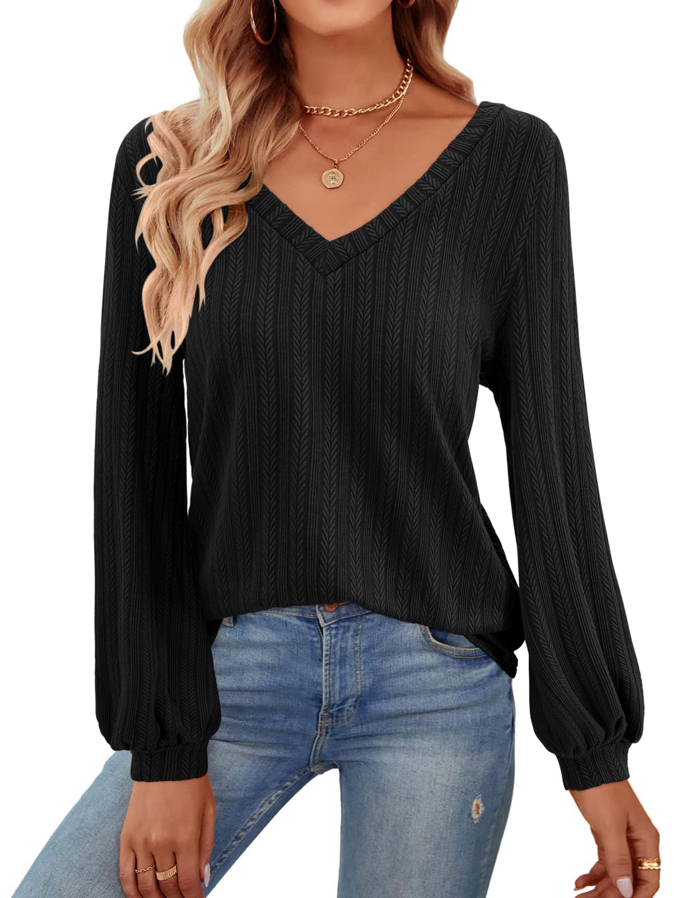 BONESUNWomen's V Neck Long Sleeve Off Shoulder Sweater Lightweight Loose Fit Knit Tops Pullover Jumper
