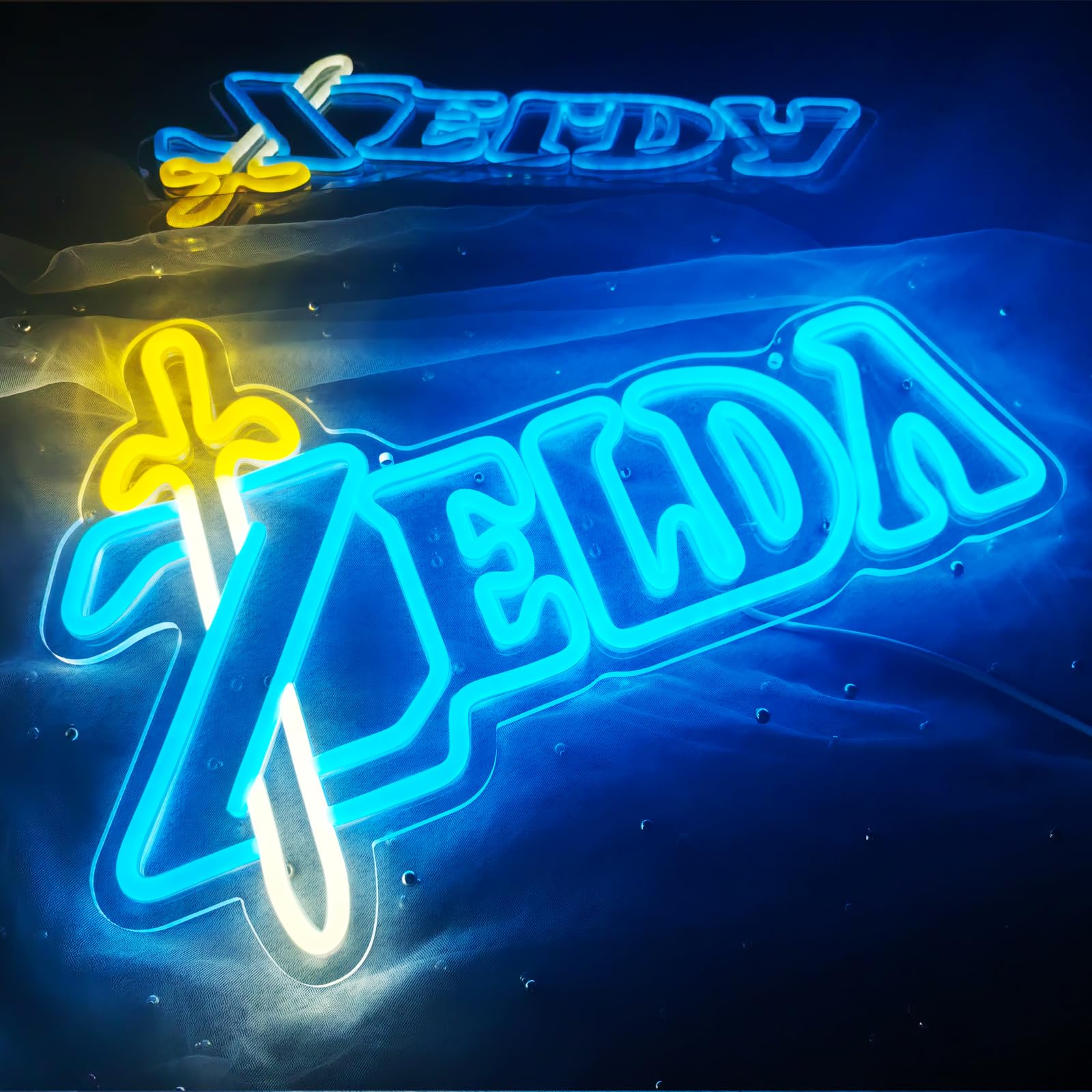 ZELDA Game Elements Logo LED Néon Cadeau pour les amis et la famille Interrupteur d'alimentation USB Lumière réglable Studio d'étude Club Décoration murale Néon 5 V (Jaune + Bleu glacier)