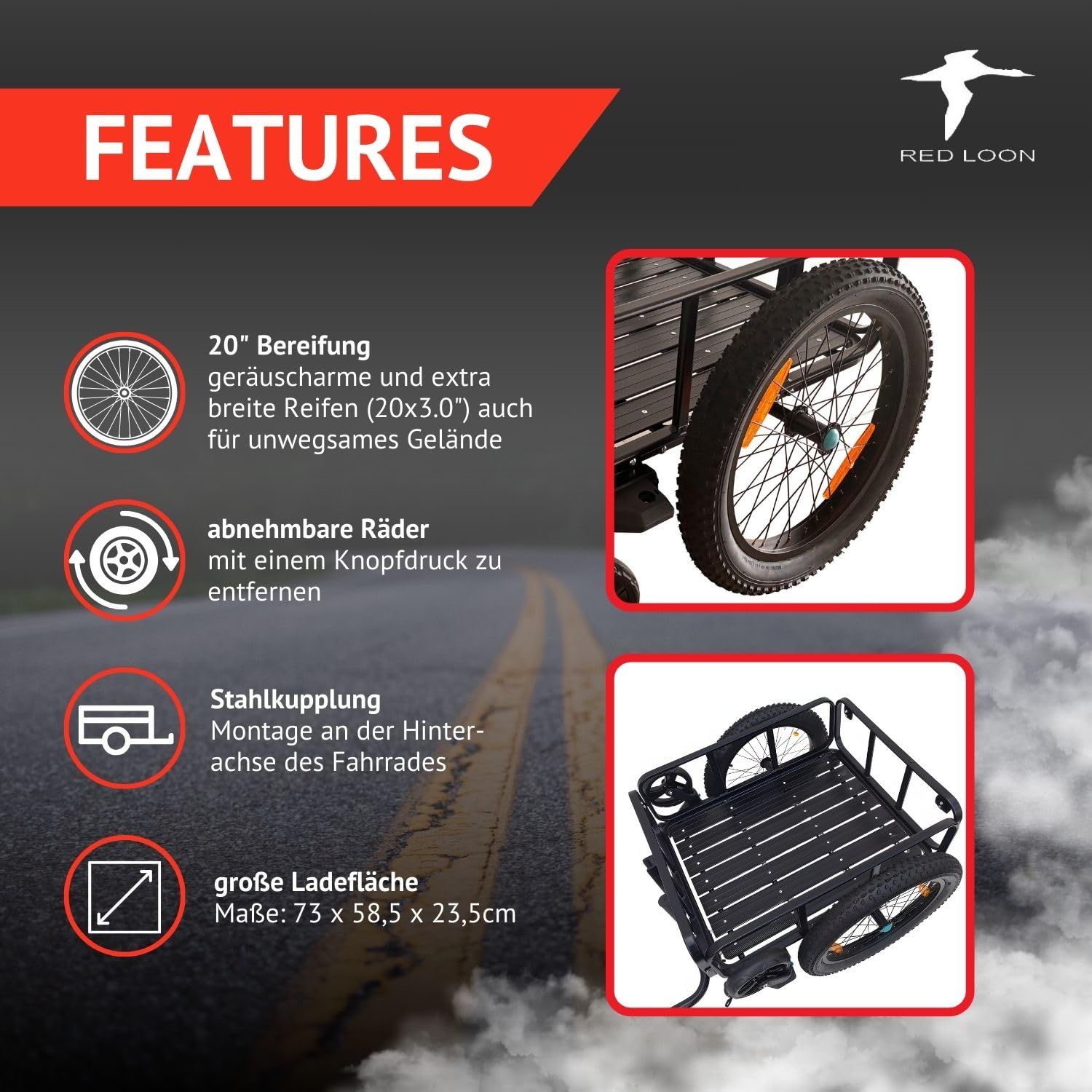 Rimorchio per bicicletta 2 in 1 – Red Loon in alluminio BAC502 – 100 litri – pneumatici extra larghi da 20" – max. 60 kg – Rimorchio per biciclette da 26 – 28" – Carrello a mano