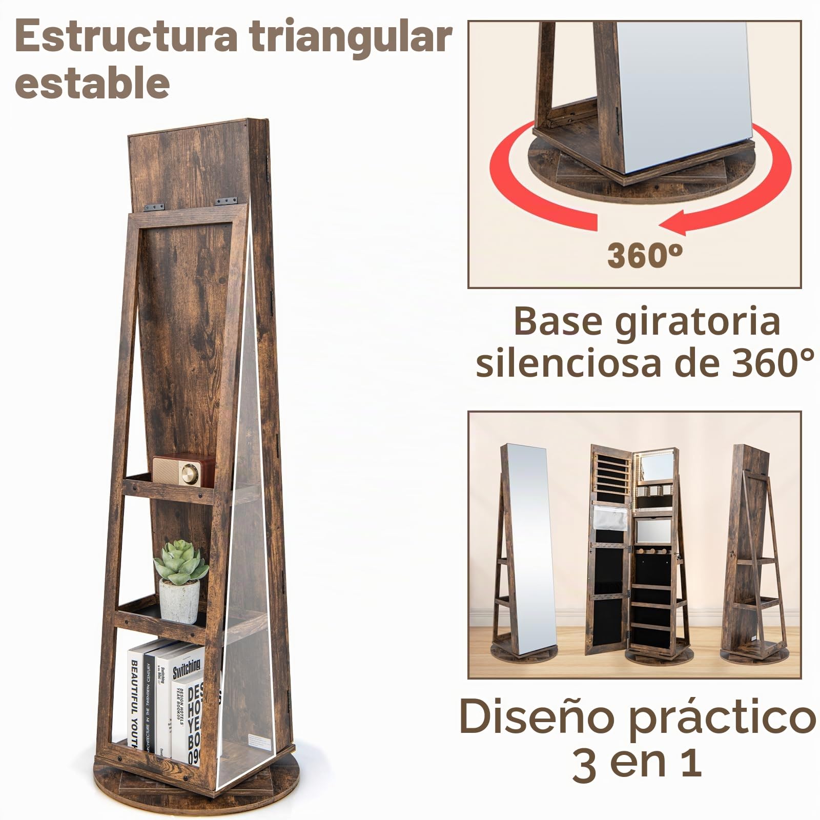 HOMASIS Joyero 3 en 1 giratorio 360°, espejo para joyas con cerradura, organizador de maquillaje para joyas, con espejo de cuerpo entero y luces LED, estantes en la parte trasera (Industrial)
