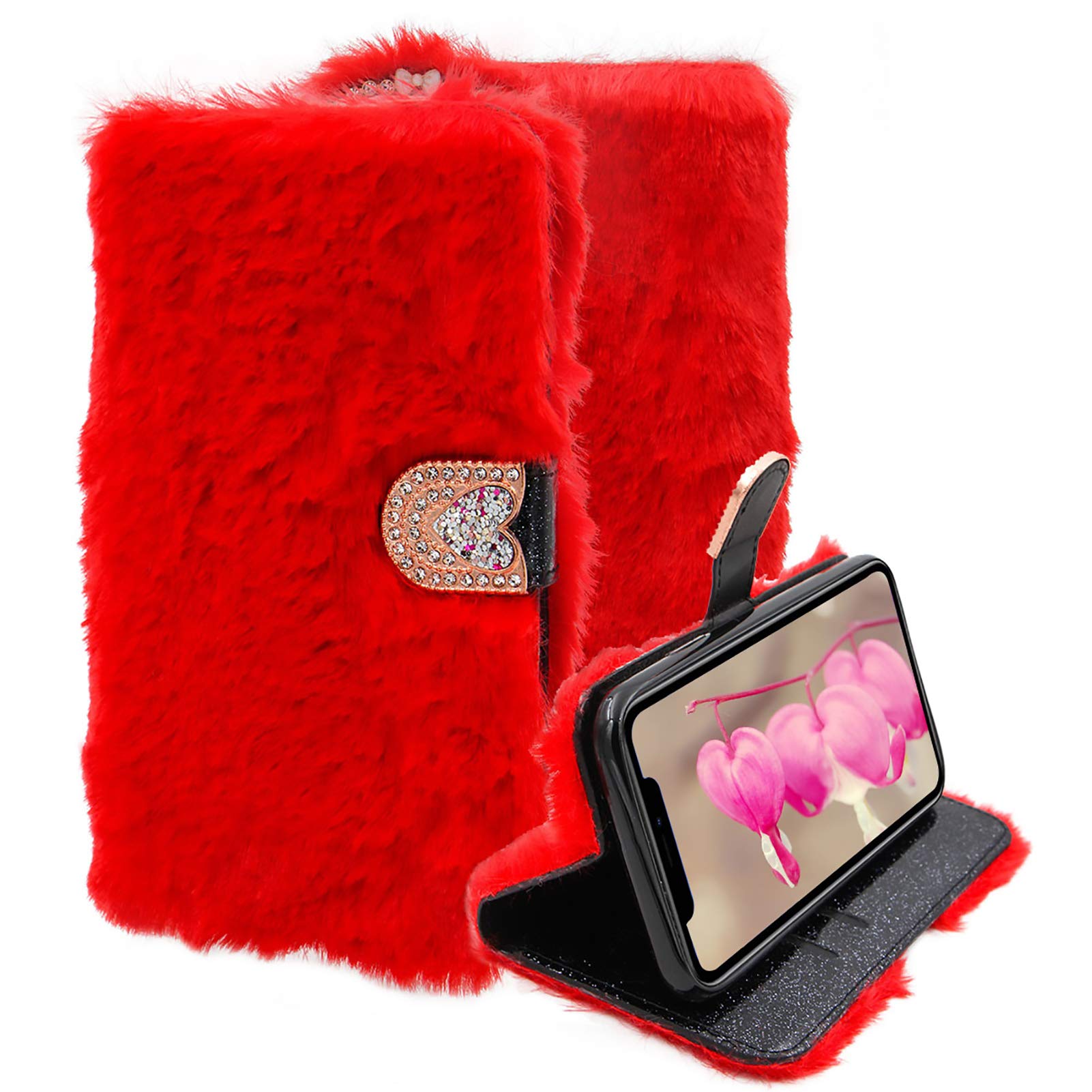 LCHDA Wallet Case for iPhone 13 6.1 Inch, Soft Faux Rabbit Fur Hair Cute Fluffy Warm Plush with Glitter Diamond Buckle & Card Slots Furry PU Leather