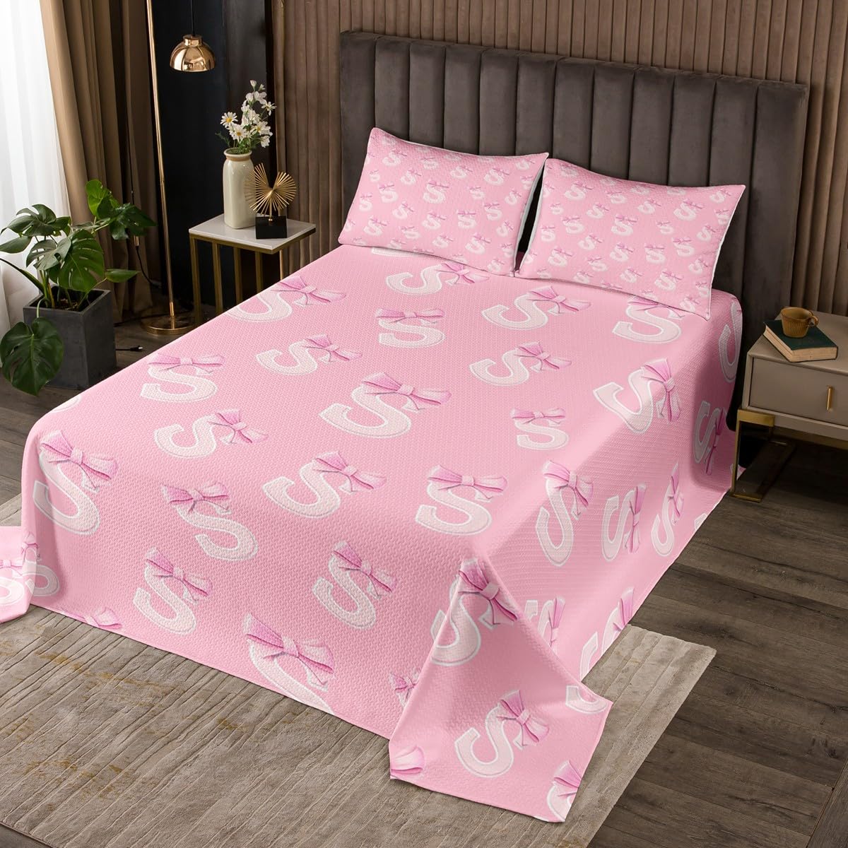 jejeloiu Pink Bow Bedspread,Twin Size,Personalized Letter S Coverlet Set for Kids Boys Girls,Cute Coquette Bow Knot Quilted Coverlet,Initial S Bedspread Cover Bedroom Decor,Monogrammed