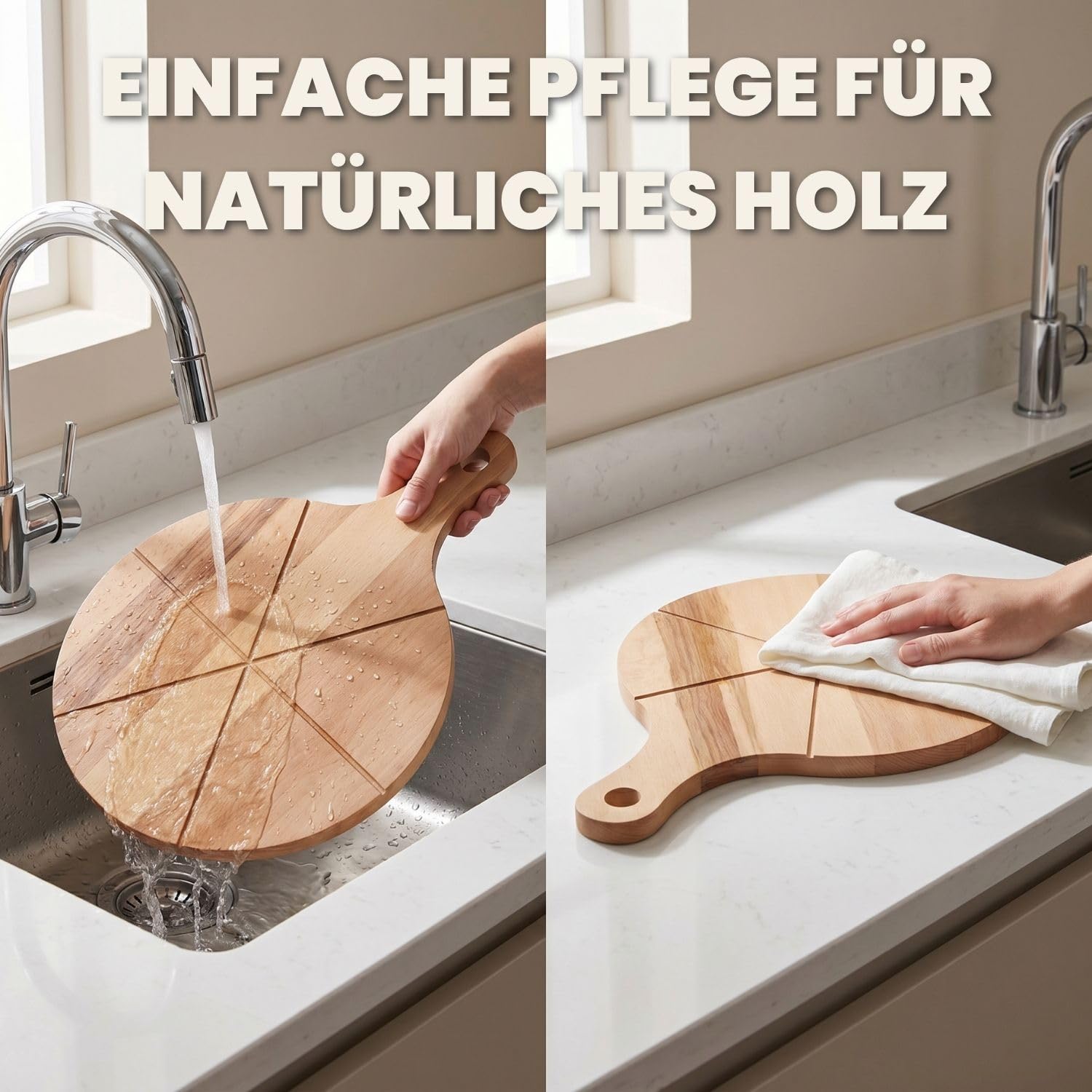 Pizzateller Holz 2er Set mit Griffen aus leichtes Buchenholz 33 cm | 33 cm, Schneidrillen, Erleichtert das Schneiden, Leicht zu reinigen, Hitzebeständig, Aufhängeloch, Für Pizza Snacks und Käse