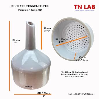 TN Lab Buchner Funnel Kit with Filter Flask Set 120mm Porcelain Ceramic Funnel and 2000ml 2L Heavy-Wall Borosilicate Glass Vacuum Flask with Side Arm