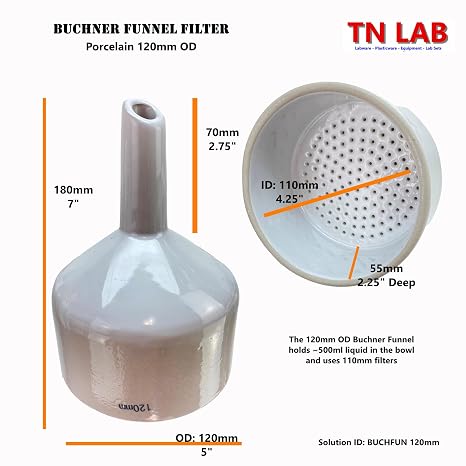 TN Lab Buchner Funnel Kit with Filter Flask Set 120mm Porcelain Ceramic Funnel and 2000ml 2L Heavy-Wall Borosilicate Glass Vacuum Flask with Side Arm