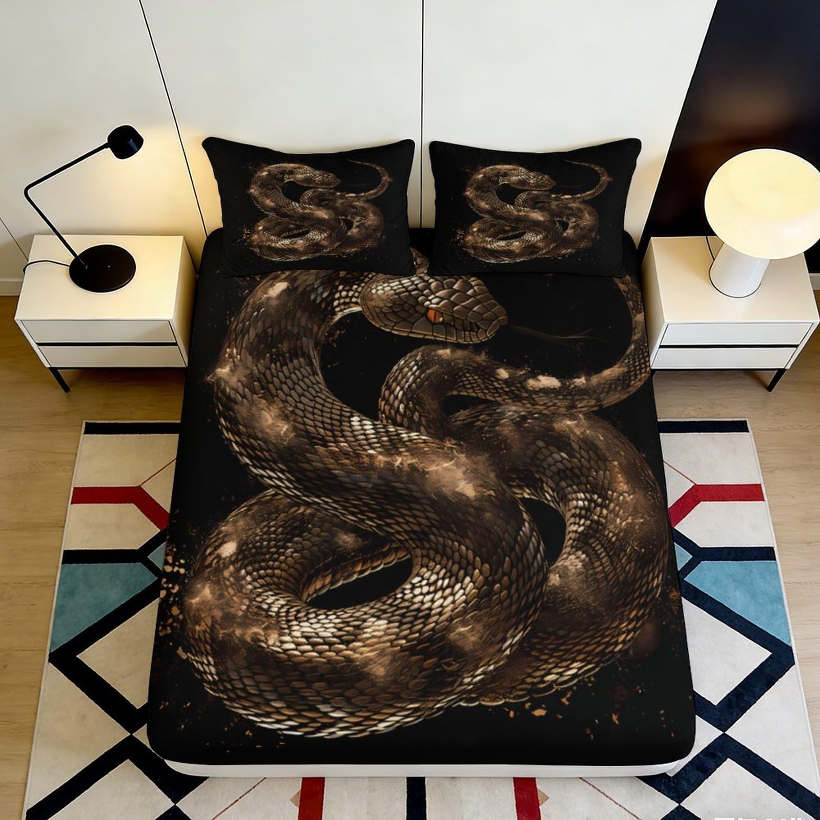 3D Printed Snake Pattern Fitted Sheet Microfiber Soft Breathable Black Coiled Serpent Bed Cover for Bedroom Dormitory Guest Room Mattress Protection 160x200x25cm