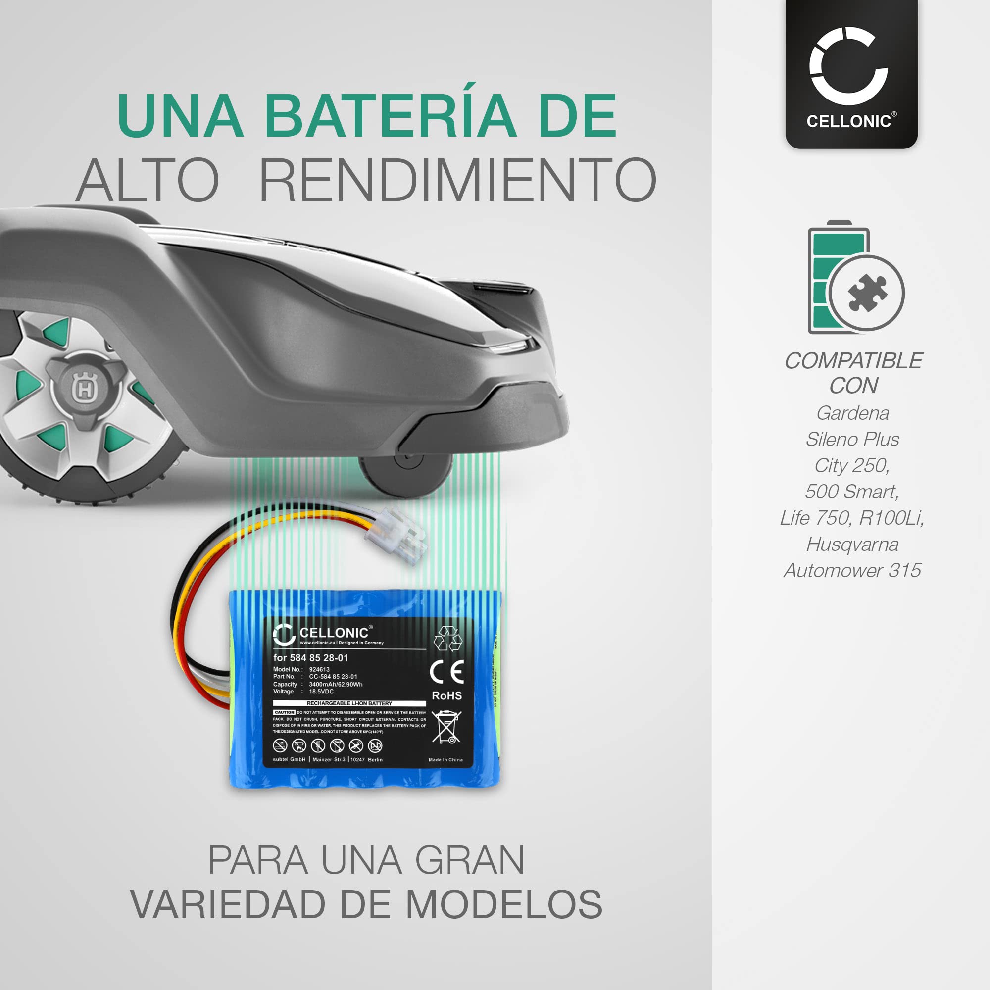 CELLONIC 1x Batería para Jardín Compatible con Gardena Sileno, Compatible con Husqvarna R100Li, R100Lic, 589586201 - (3400mAh, 18.5V)