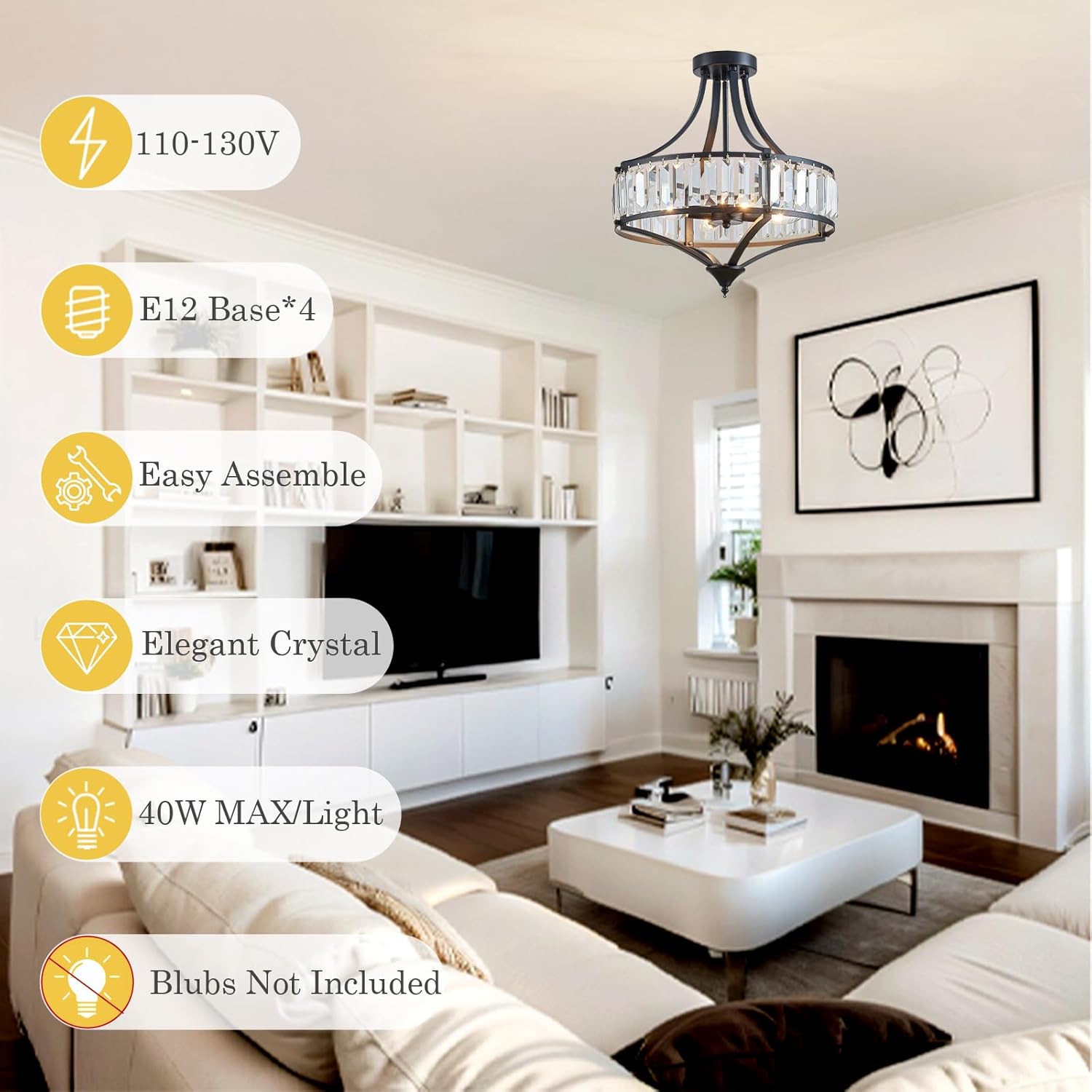 Crystal Black Ceiling Light Fixture, Modern Industrial Chandelier Semi Flush Ceiling Light for Dining Room Living Room Bedroom Hallway, Round Kitchen Lighting Fixtures Ceiling, 4 Lights