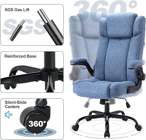 Miniatura 7 de Silla de oficina ejecutiva de respaldo alto con reposacabezas ajustable, sillas de escritorio de tela con reposabrazos abatibles, silla de oficina