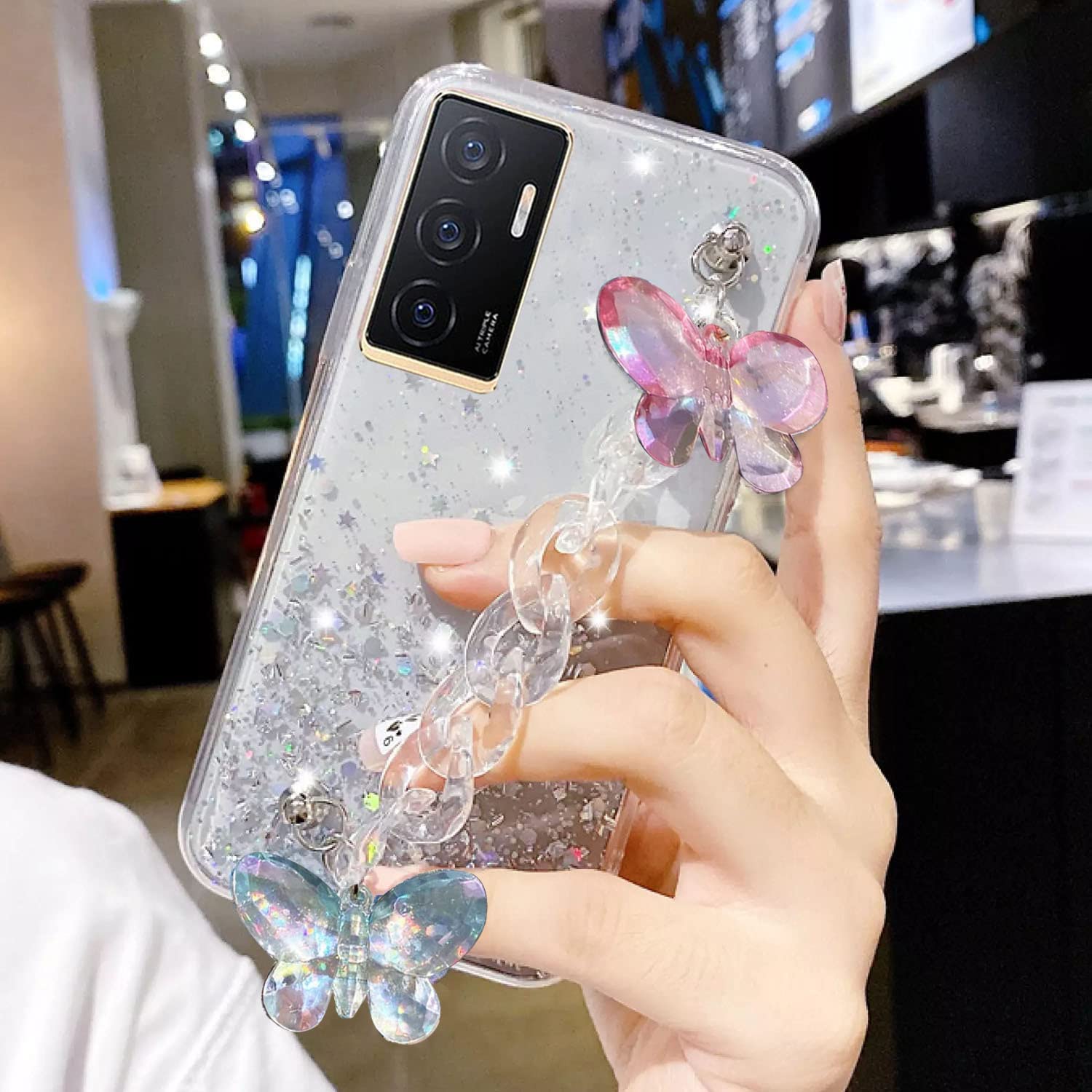 KC Back Cover for Vivo V23e 5G, Non Moving Dry Fixed Glitter Luxury Shiny Butterfly Wrist Bracelet Chain Holder Soft Silicone Case (Transparent) (B0BMPXF1G8) Amazon Price History, Amazon Price Tracker