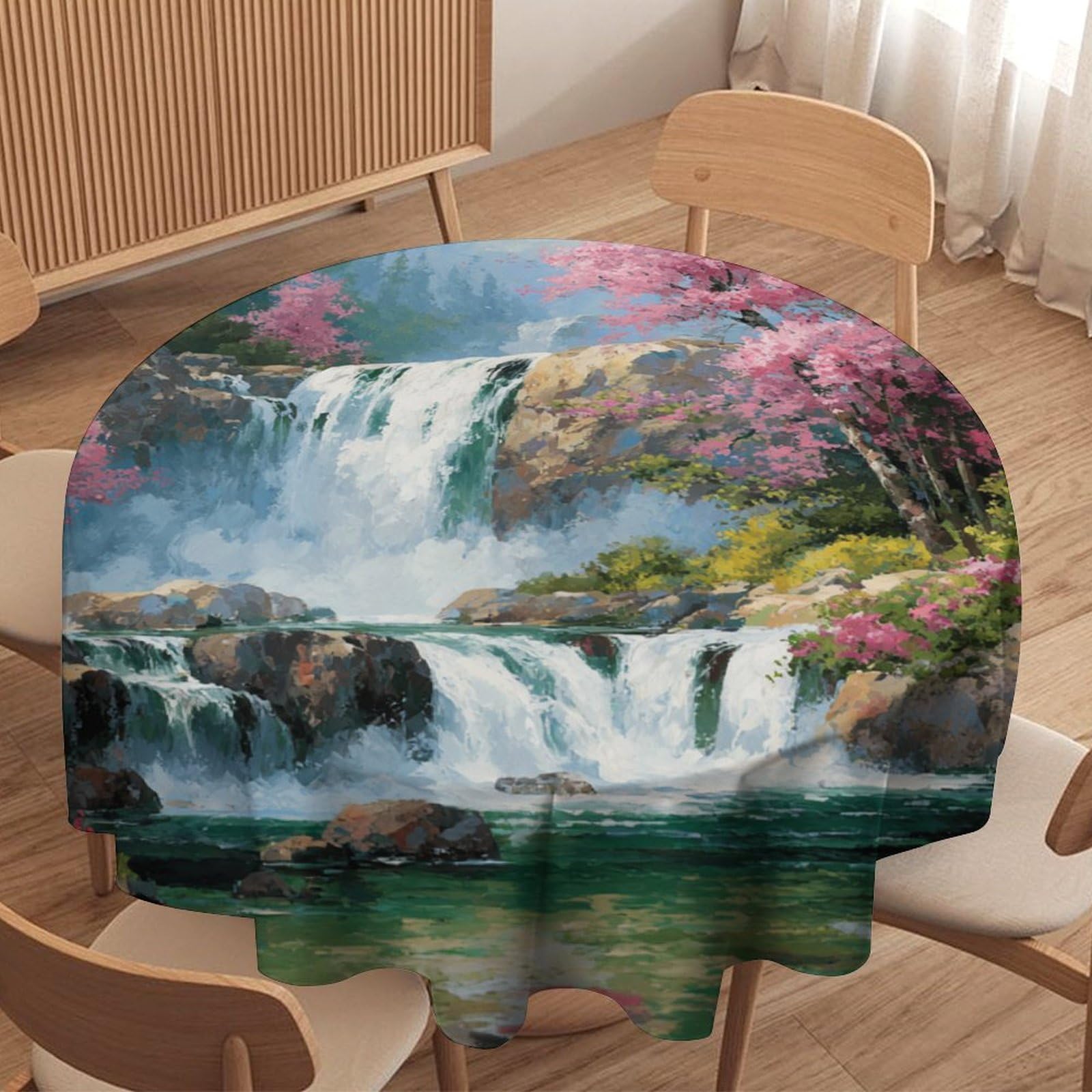 LUYYSKY Beautiful Colorful Spring Waterfall Round Tablecloth Retro Watercolor Natural Japanese Cherry Blossom Flowers Washable Decor for Table Cover for Kitchen-91.4" Wx91.4 L cm