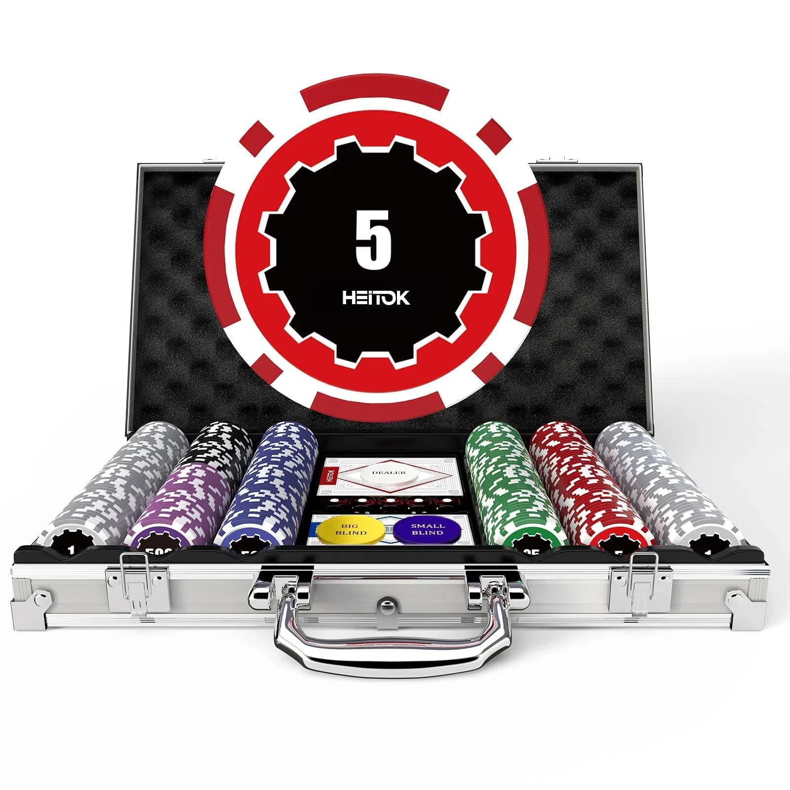 Poker Chips with Denominations, 300-pcs 11.5g Weighted Numbered Casino Chips Set, 5 Dice, 2 Decks with Compact Aluminum Case for Texas Hold'em, Blackjack, Age 8 and Plus