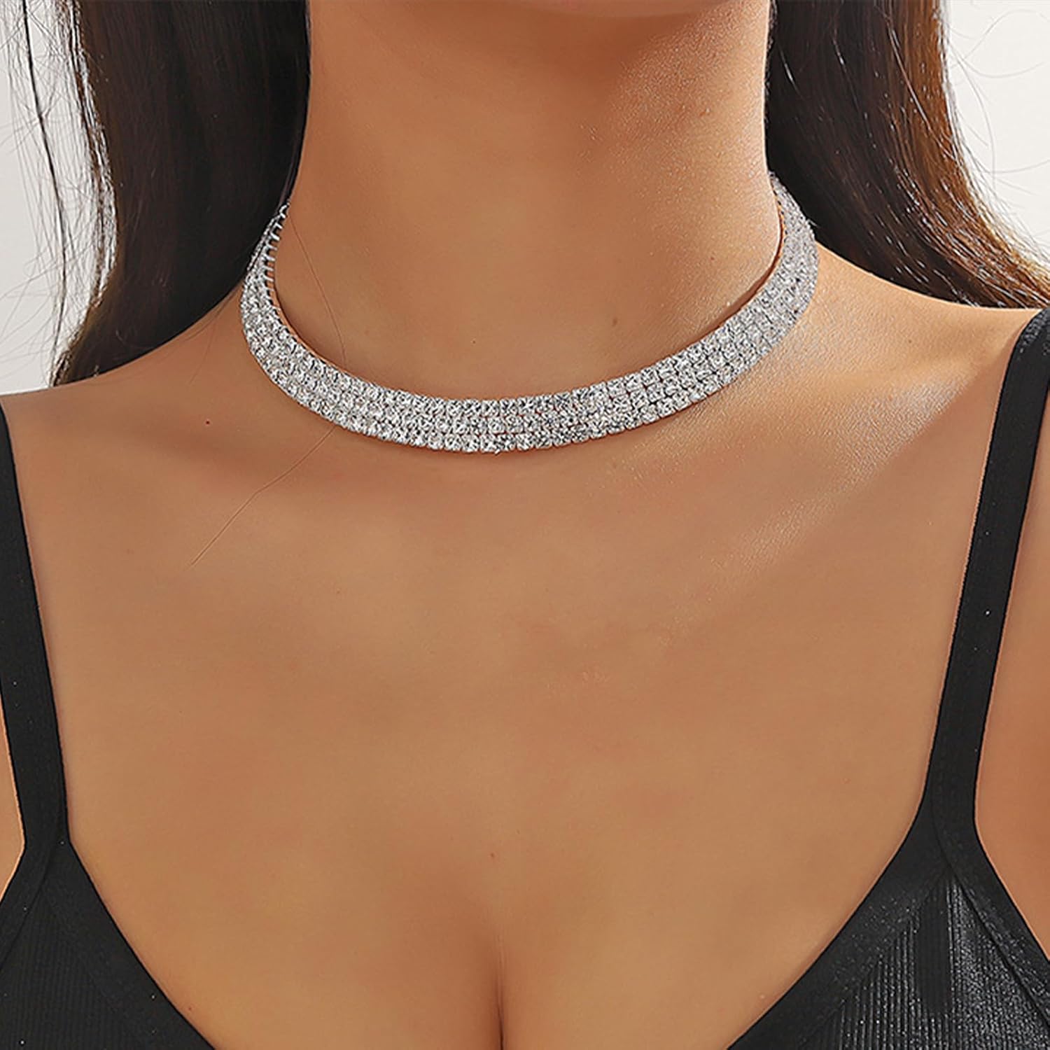 Rhinestone Tennis Necklaces Silver Choker Necklace for Women Bling Collar Necklace for Woman Statement Round Prom Jewelry - Image 2