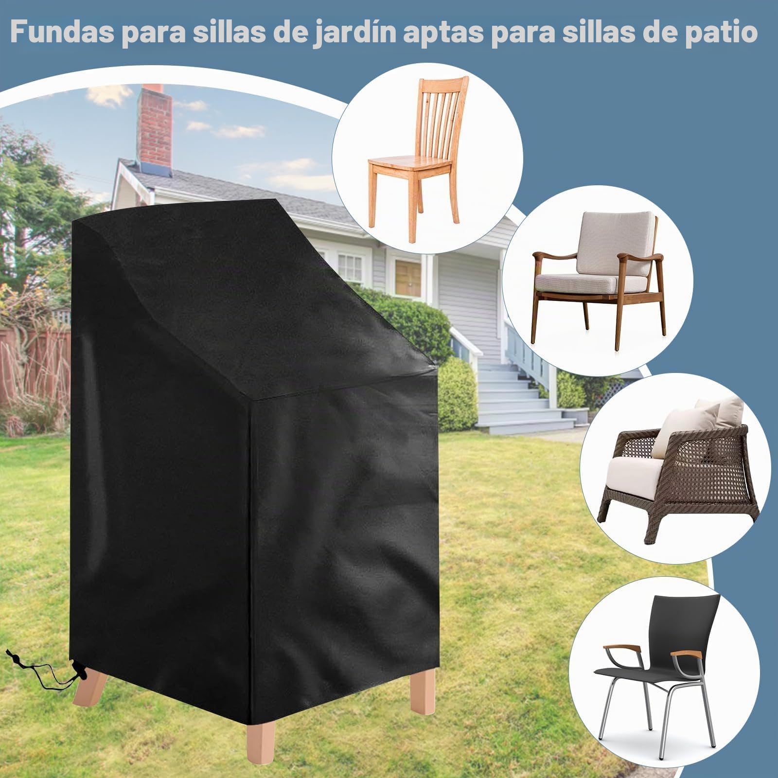 2 Piezas Funda Sillas Jardin, 210D Oxford Impermeable Funda Protectora Funda para Sillas Apilables de Jardín, Anti Viento, Anti UV para Sillas Apilables 64x64x70/120cm