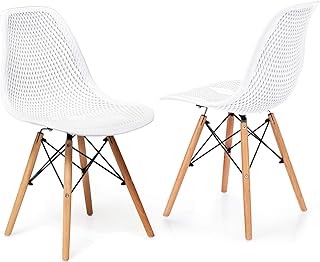 Giantex Set of 2 Modern Dining Chairs, Shell PP Lounge Side Chairs w/Mesh Design, Beech Wood Legs, Tulip Leisure Chairs, DSW Dining Chairs for Kitchen, Dining Room, Living Room, Outdoor, White