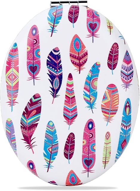 YTZJ Direct Shatterproof Compact Mirror for Women and Girls, Unique Travel Makeup Mirrors, Portable Double-Sided Oval Mirror with Distortion Free, Feather Pattern