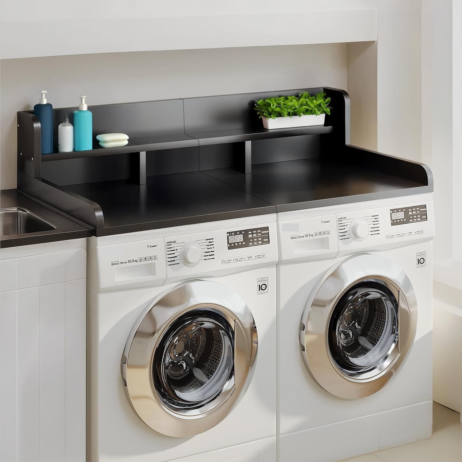 54" W x 27.5" D Washer Dryer Countertop, Laundry Wood Shelf Topper with Edge, 2-Tier Organizer for Washer and Dryer Laundry Hamper Counter Storage Organization, Large Space Laundry Topper, Black