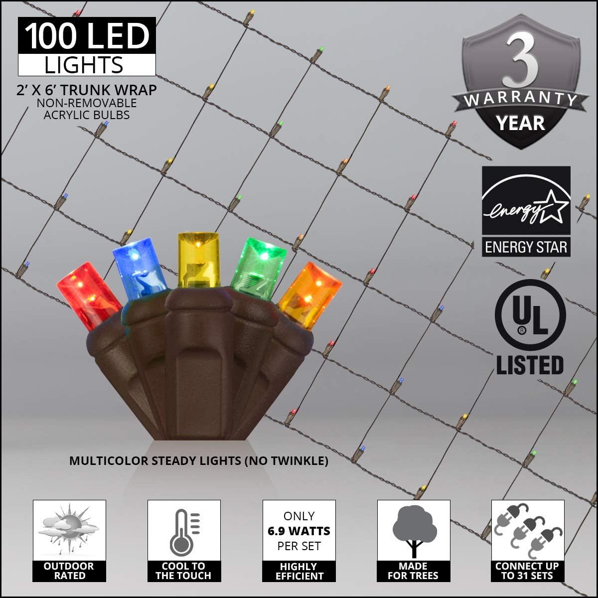 LED Tree Trunk Wrap Lights – Multicolor Tree Wrap Christmas Lights, Outdoor Holiday Yard Decor Net Lighting, 2' x 6' Net with 100 Lights, Brown Wire