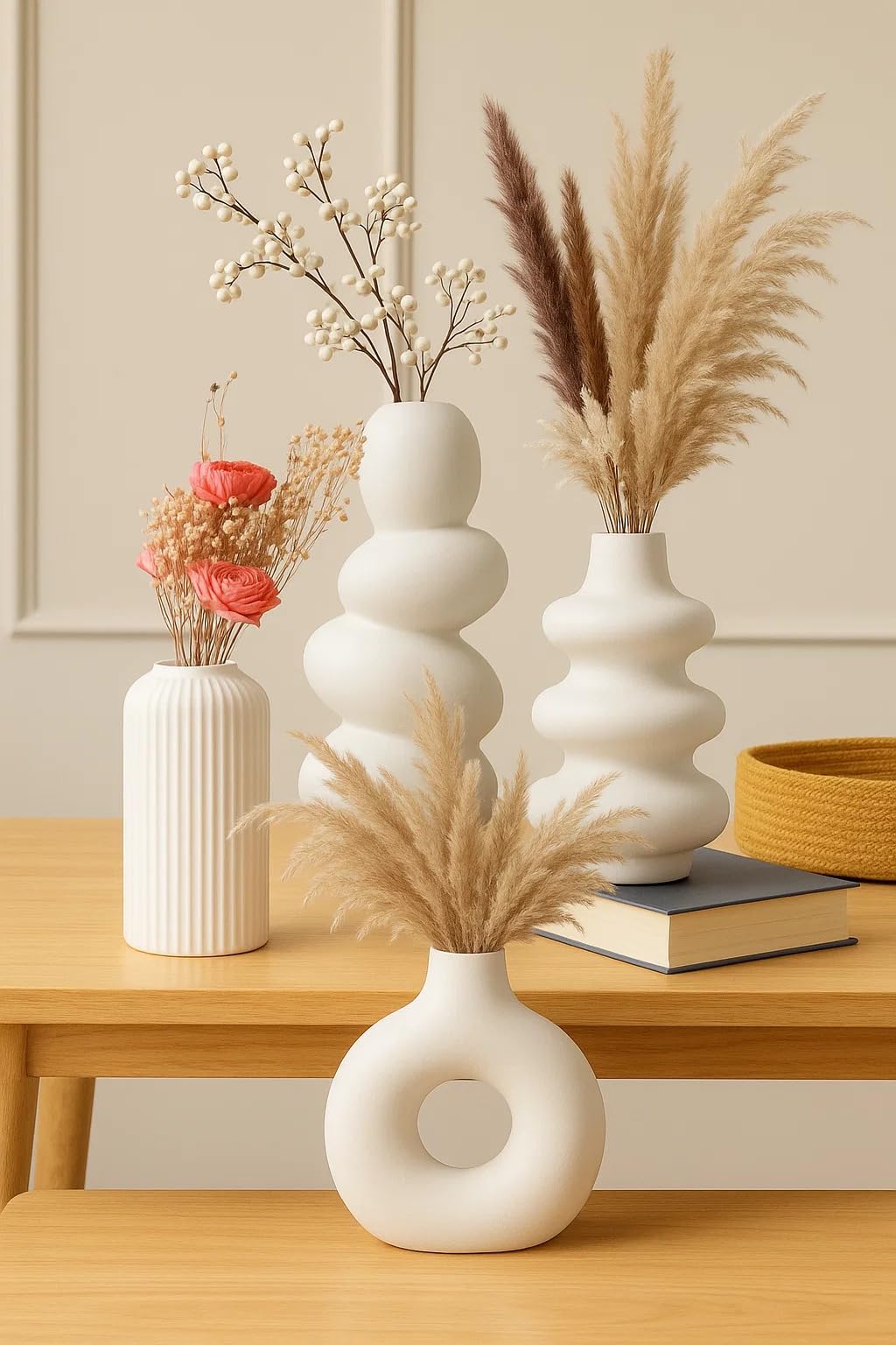 SPHINX Pack of 4 Modern Ceramic Vases for Home Decor | Donut, Wavy, Gourd & Ribbed Design | Pampas Grass & Dried Flower Vases for Living Room, Table, Shelf Styling – White – NO Flowers