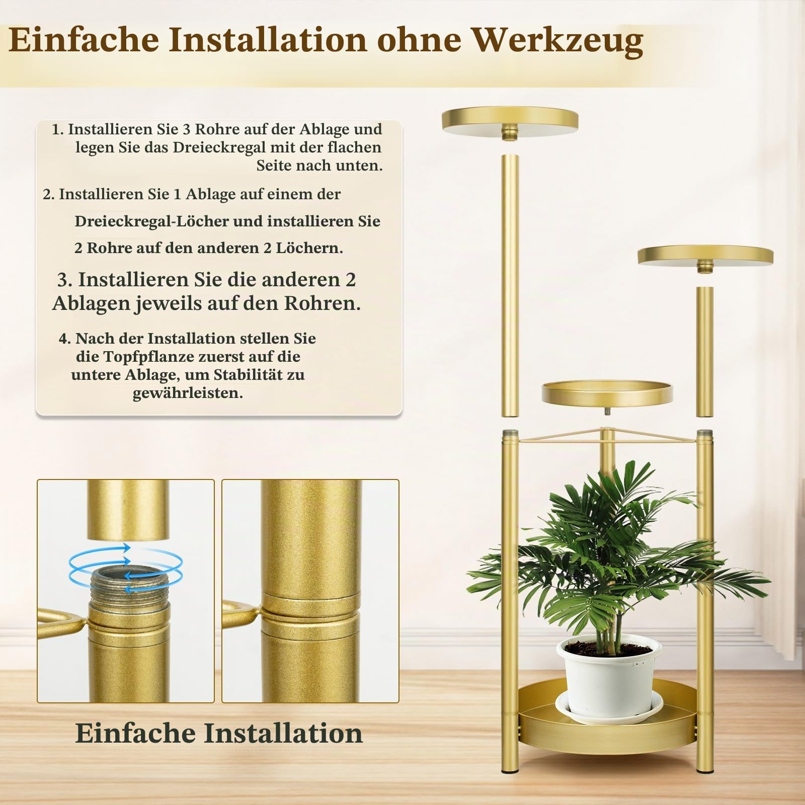 MATEPROX Metall Pflanzenständer für Innen und Außen 4 stufiges, faltbares Regal mit Goldenen Blumentopfhaltern Eck Pflanzregal für Wohnzimmer, Schlafzimmer, Büro und Garten-Gold