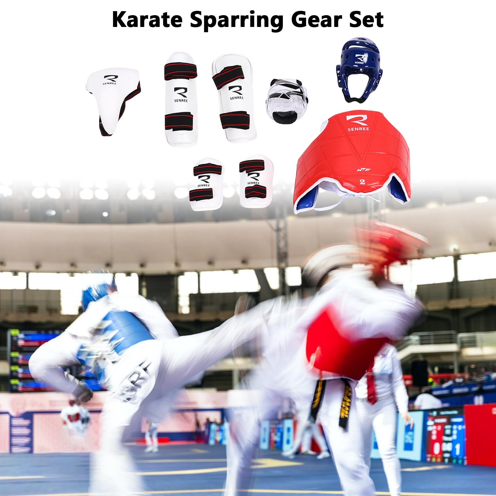 Ausla Karate Sparring Gear Set, Materiał ze Skóry PU, Lekki Sprzęt Ochronny, Zawiera Kask i Ochraniacze do Treningu Taekwondo i MMA