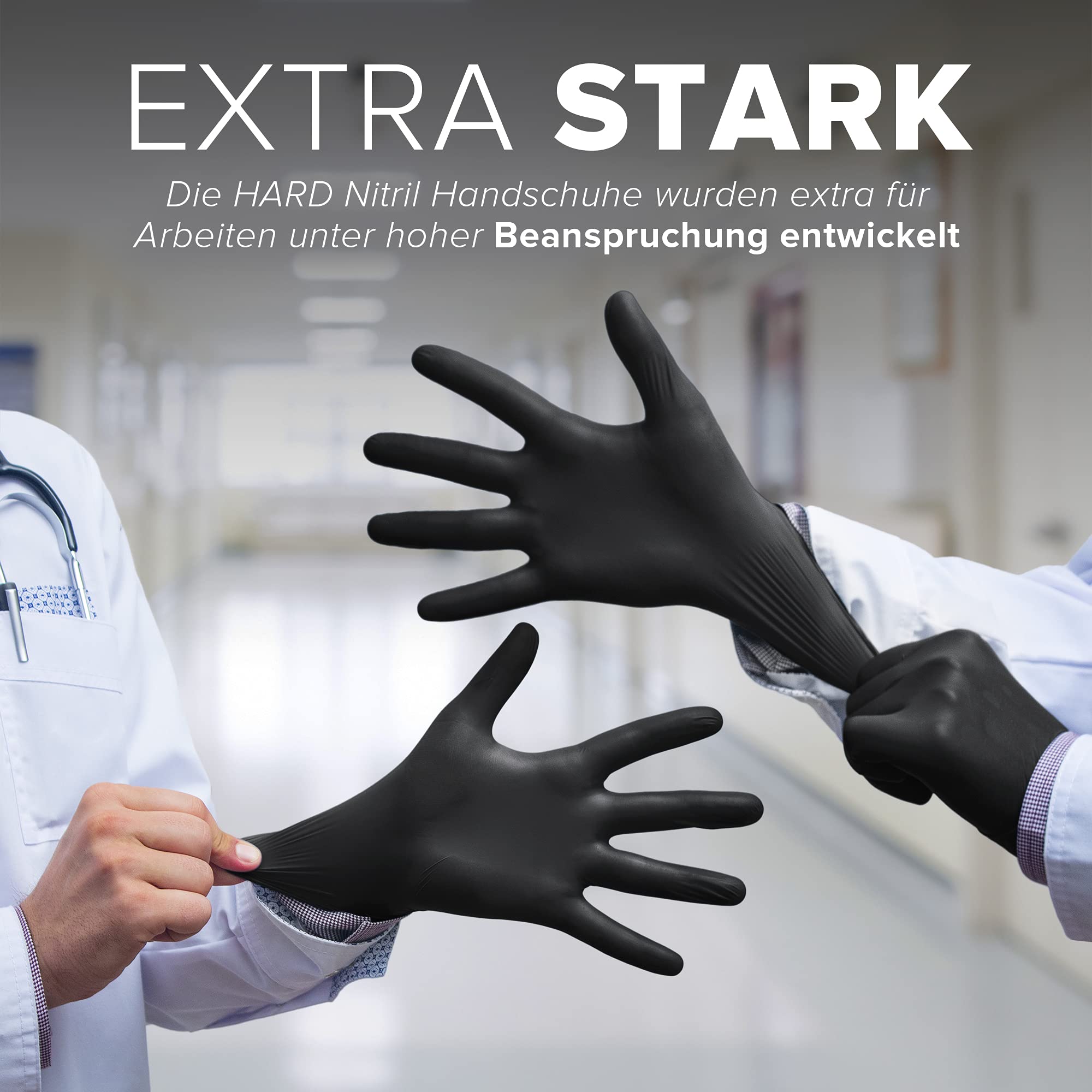 HARD 1000x Nitrilhandschuhe, Einweghandschuhe, Reißfest, Nitril Handschuhe, puderfrei, latexfrei, Einmalhandschuhe, Untersuchungshandschuhe, Black disposible nitrile gloves Box - Größe L - Schwarz