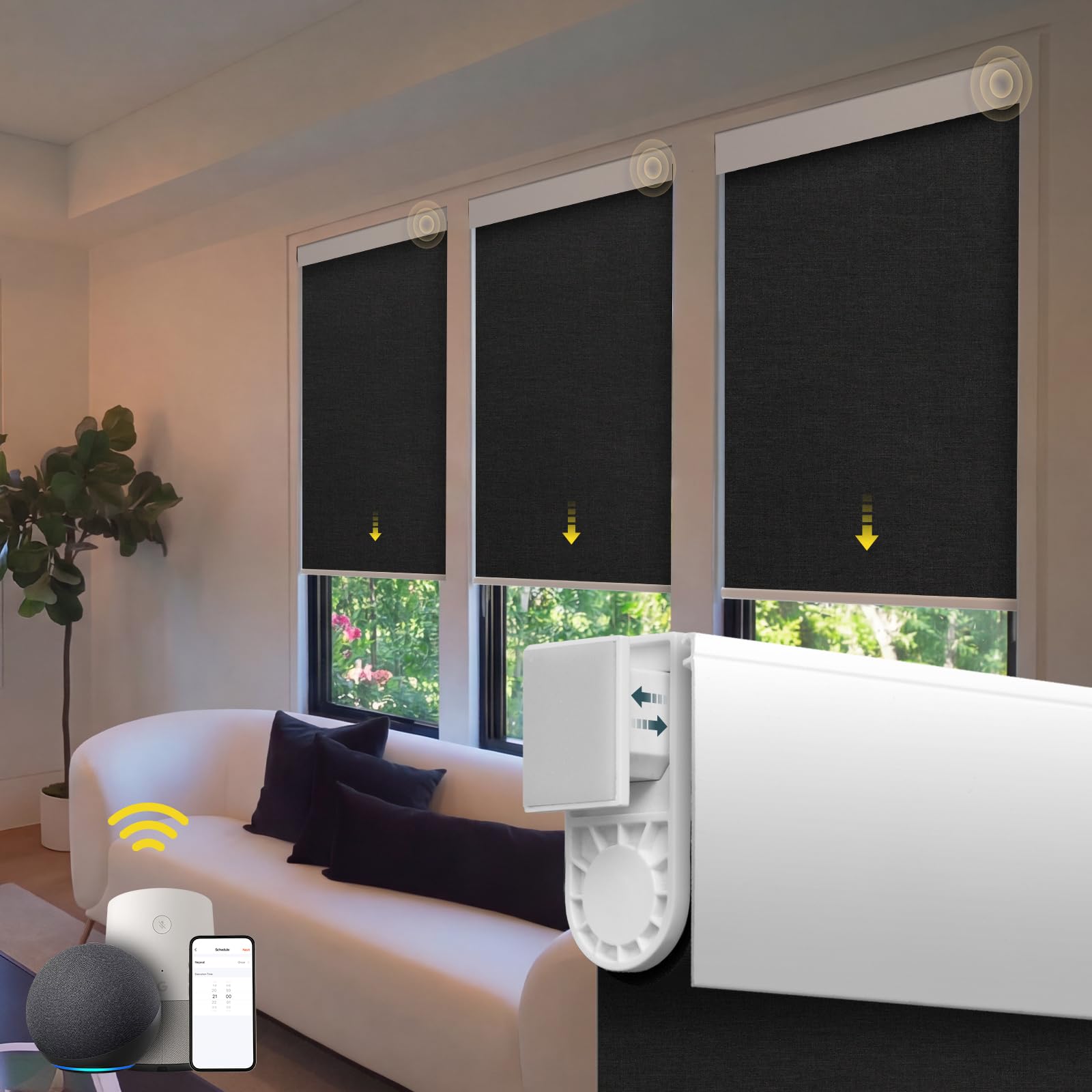 Motorized Blinds No Drill Automatic Blinds for Windows Cordless Roller Shades (Black, 34.5 x 72)