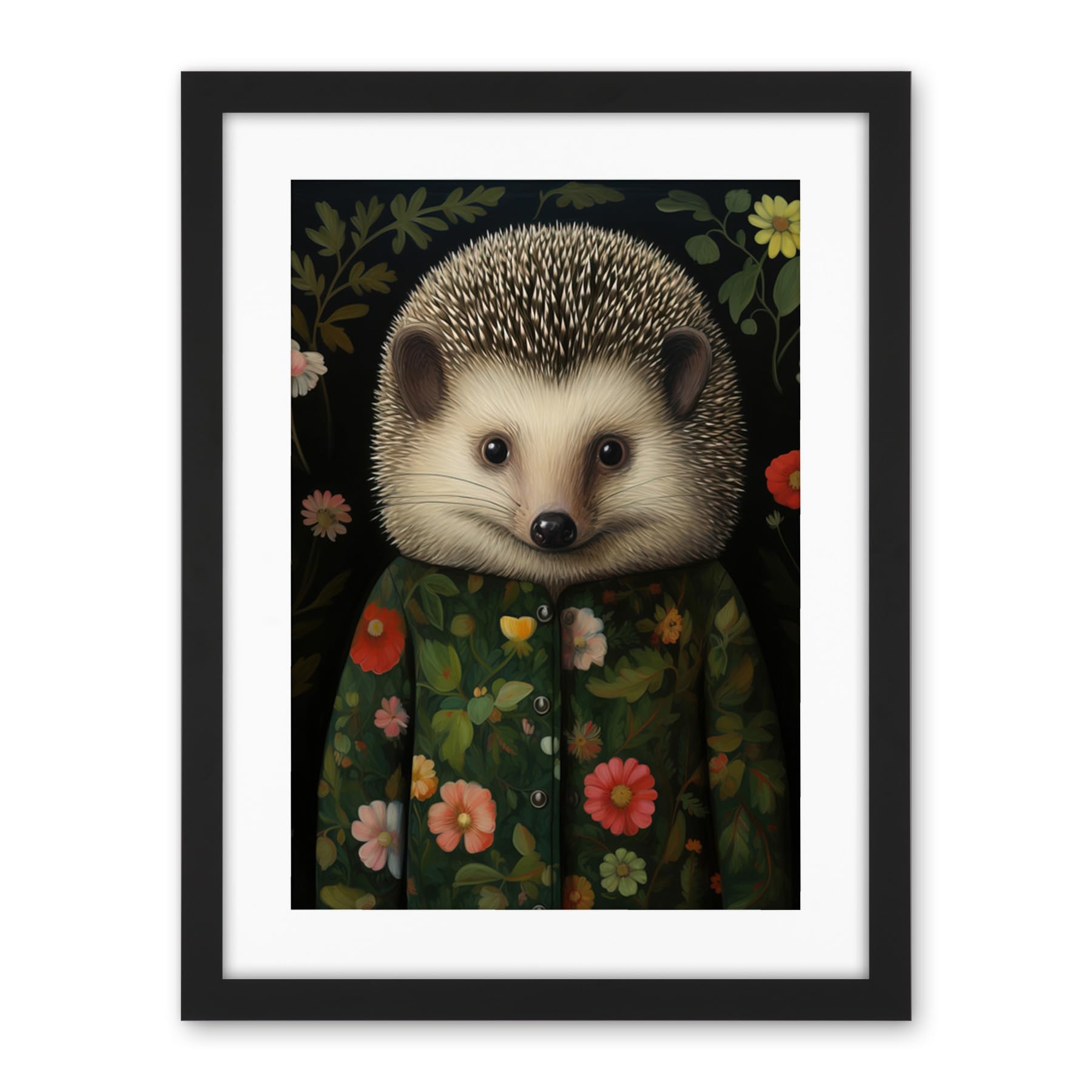 Artery8 Hedgehog in Hedgerow Floral Jacket Cute Kids Bedroom Artwork Framed Wall Art Print 18X24 Inch