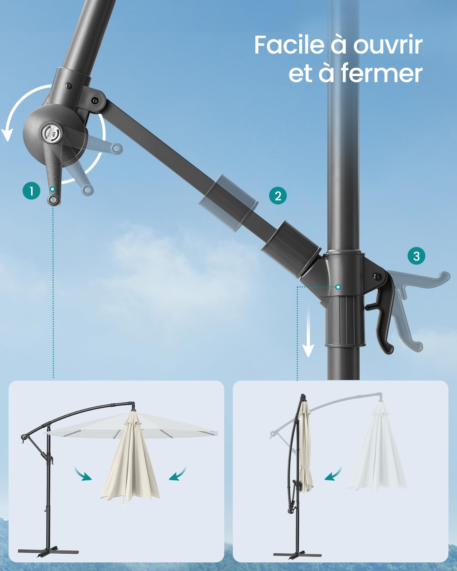 SONGMICS Parasol Déporté, Socle en Croix, Ombrelle, Protection UPF 50+, Manivelle d'Ouverture et de Fermeture, Jardin, Terrasse, Piscine, Plage