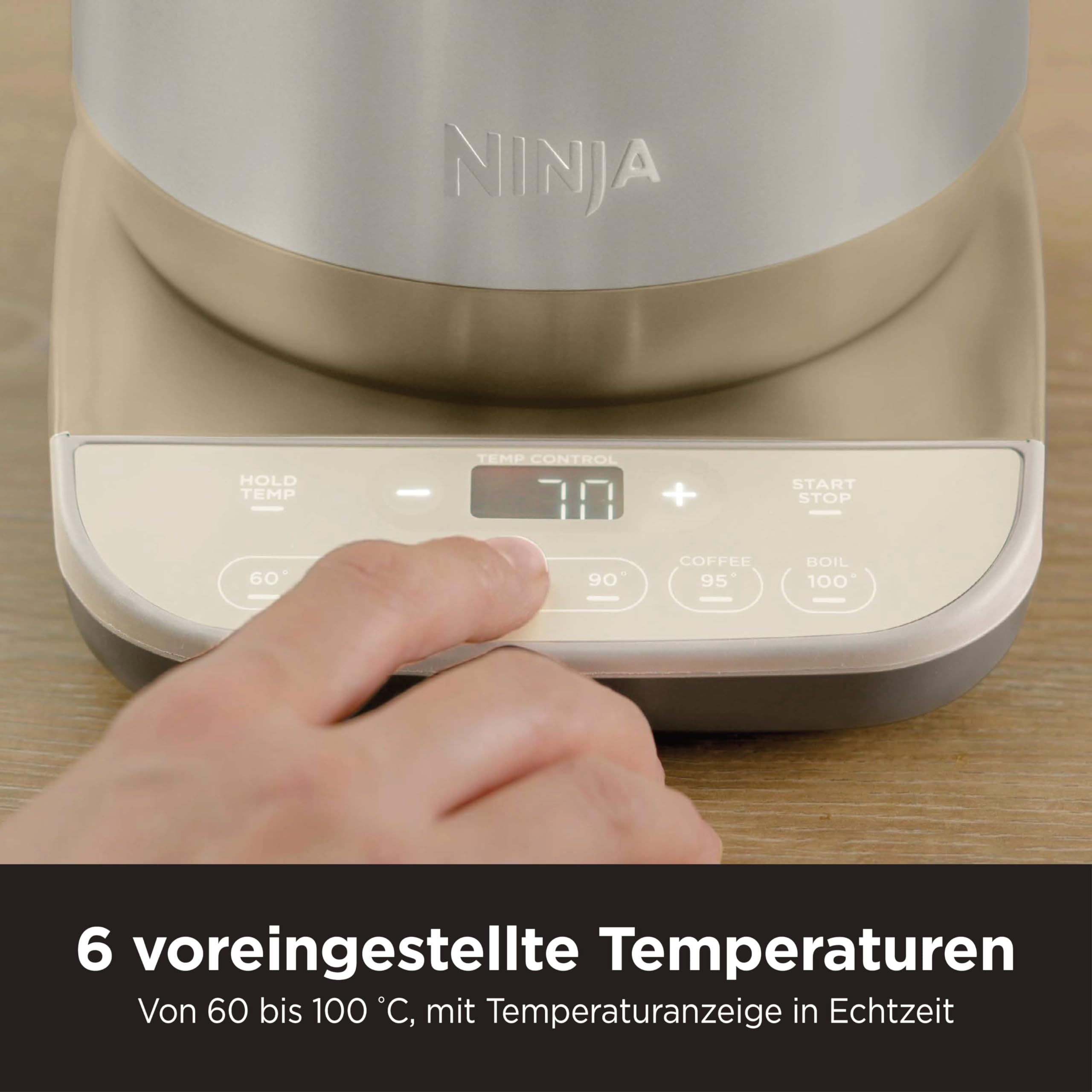 Ninja Perfect Temperature Wasserkocher, 1,7 l, Schnellkochfunktion, 6 Temperaturstufen, Warmhaltefunktion, Stonegold, KT201EUSTGD