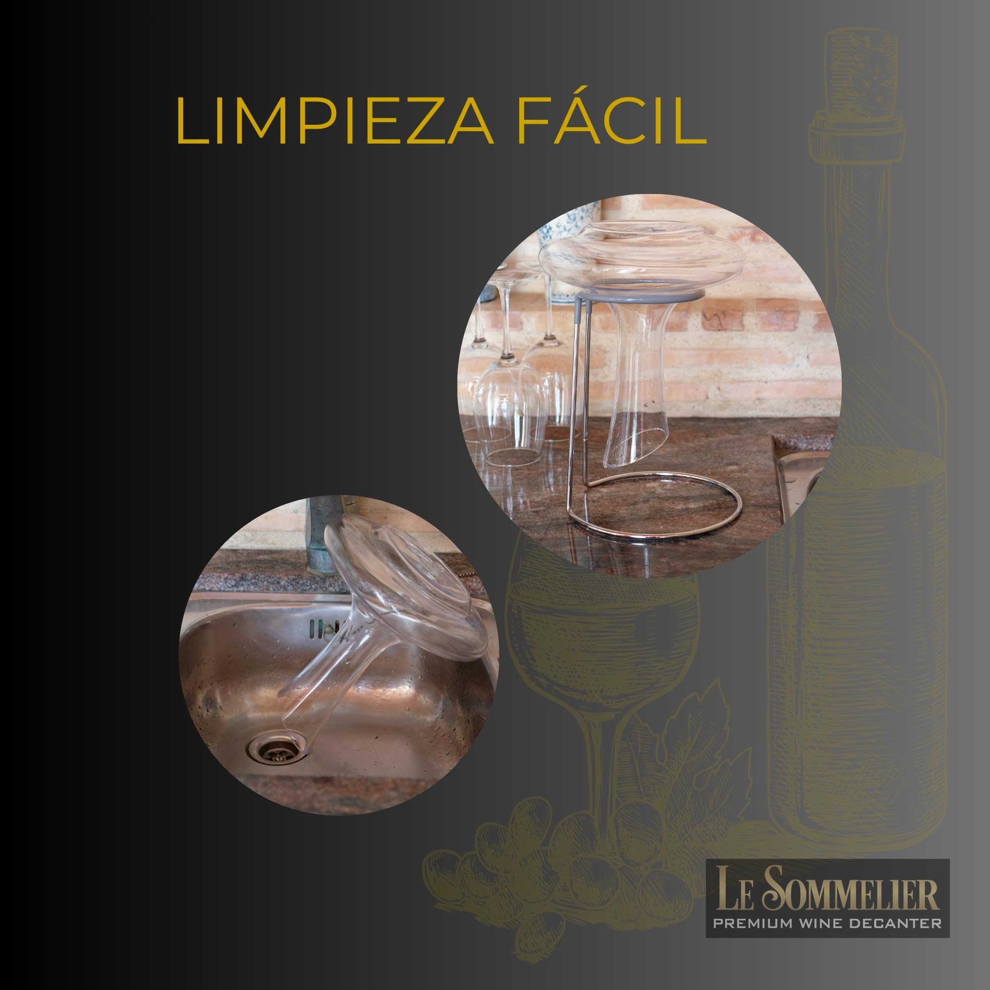 Decantador de vino de cristal premium con soporte metálico para secado y decoración - base ancha y capacidad de 1800 ml para oxigenación rápida y mejor aroma – accesorios de vino ideales para regalo