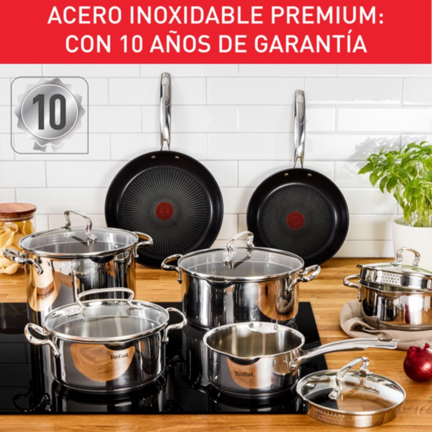 Tefal Duetto On - Juego de 2 Ollas 20/24 cm + Cacerola 16 cm + 3 tapas de cristal, Apto inducción, Acero inoxidable 18/10, 10 años de garantía, Base 3 capas, Marcas de medición