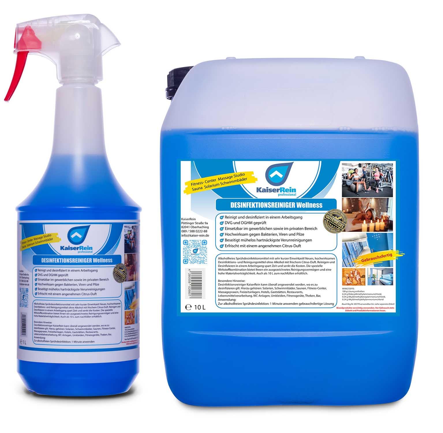 KaiserRein Desinfektionsreiniger Wellness 10 L Kanister inkl. 1 L Sprühflasche Set Desinfektionsmittel für Oberflächen, Liegen, Türklinken, Fitnessgeräte, Toiletten usw.