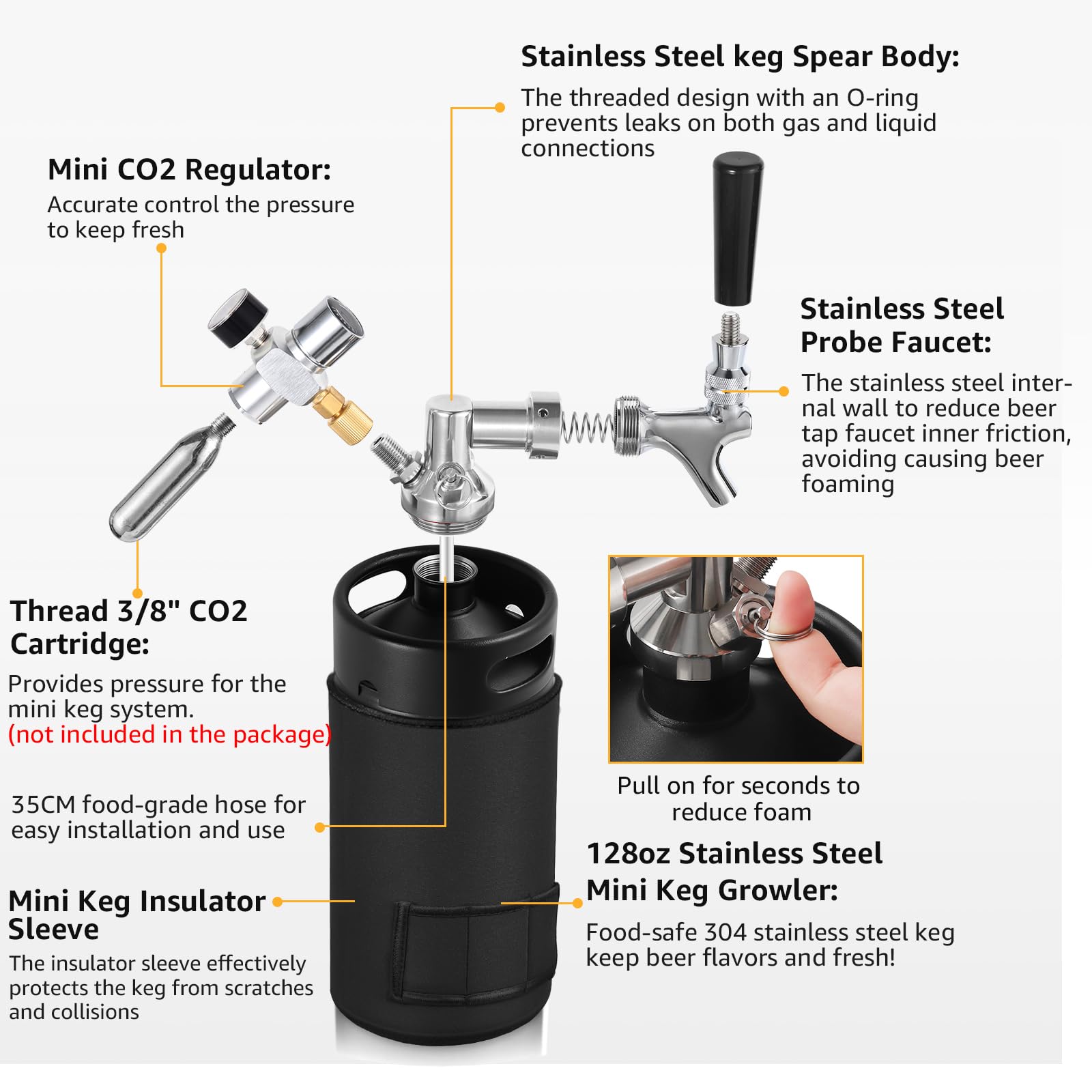 Mini sistema de grifo de barril de cerveza, barril de cerveza a presión de 128 onzas, jarra de barril de acero inoxidable 304 para mantener fresco y carbonatado, sistema dispensador portátil de