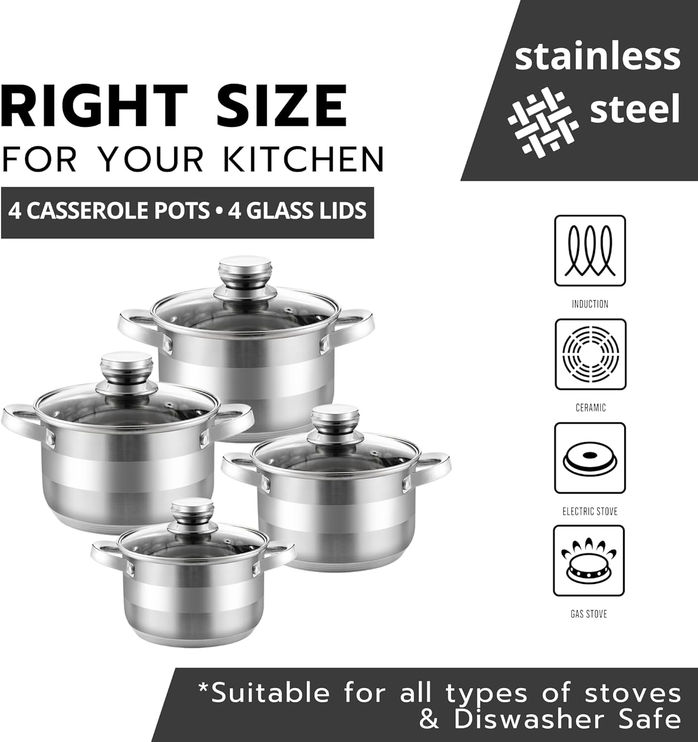 Stainless Steel Cooking Pot with Glass Lid Set of 4, Stock Pots, Cookware Pots, Stockpot Set, Casseroles, Induction Pot, 2.21 Qt, 2.95 Qt, 4.12 Qt, 6.44 Qt