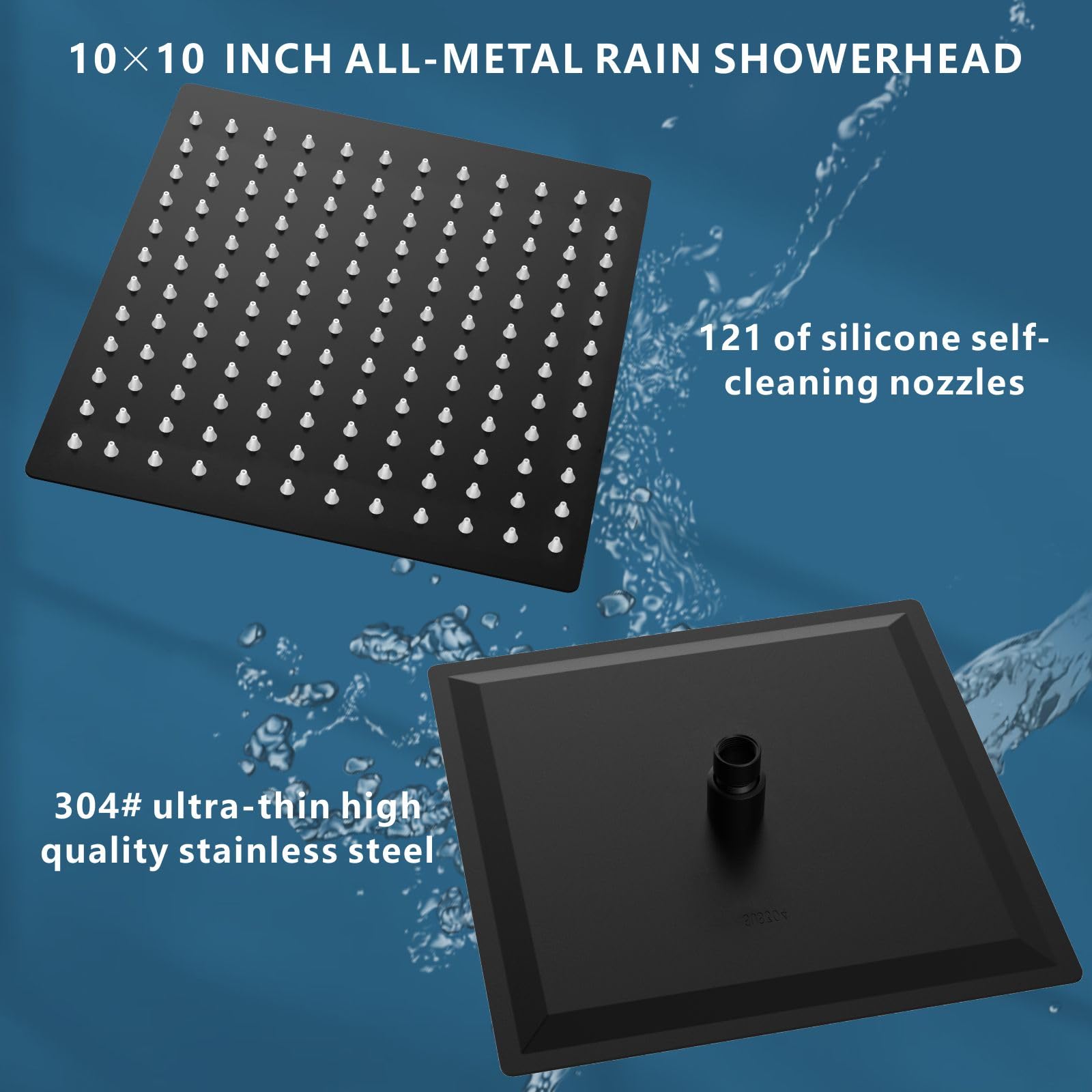 Voolan Cabezal de ducha cuadrado de 10 pulgadas con brazo de extensión de 14 pulgadas, ángulo y altura ajustables, cabezal de ducha de lluvia de alta presión de acero inoxidable, 2.5 GPM, negro mate